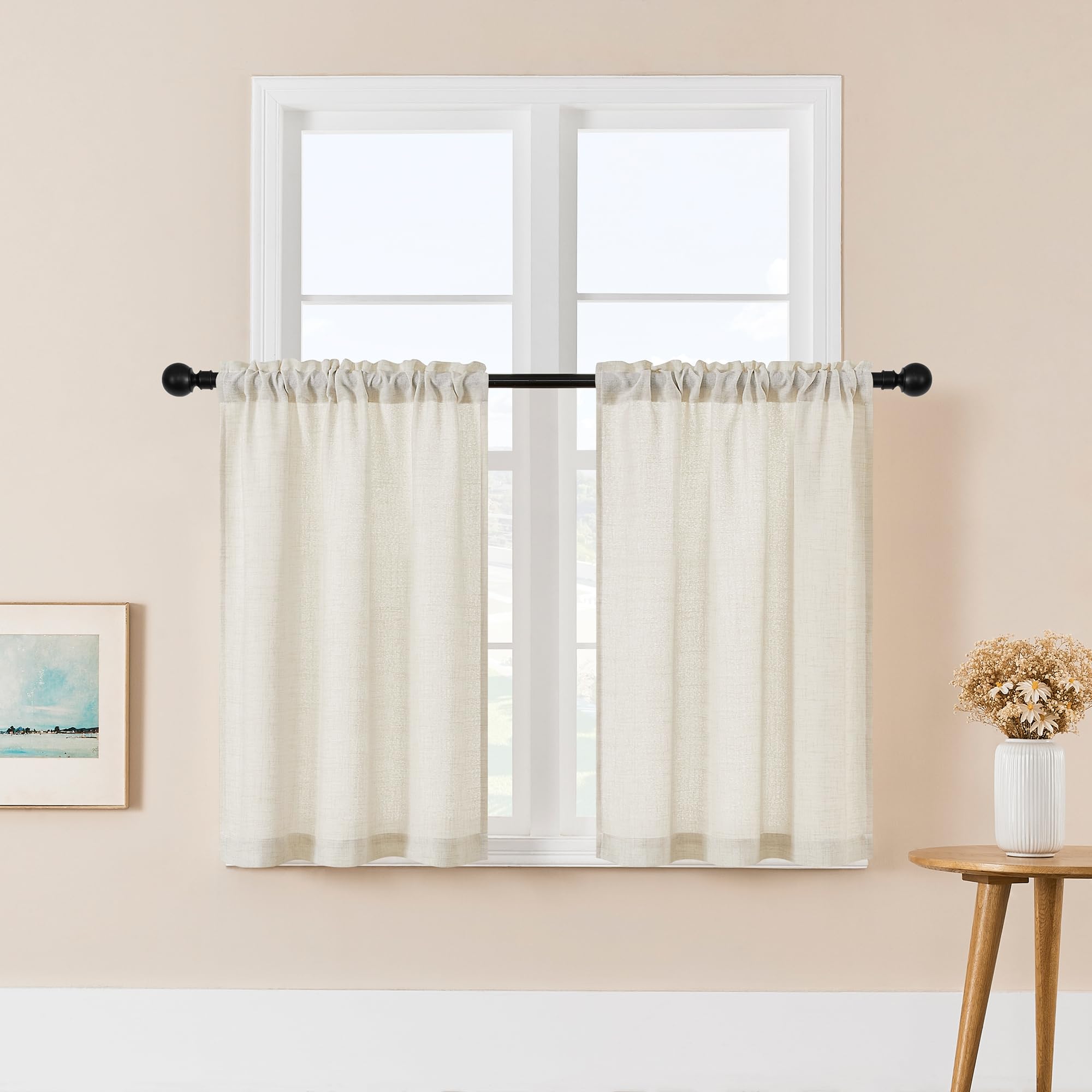Dukiyo Kitchen Curtains 36 Inch Length Farmhouse Linen Natural Cafe Bathroom Window Curtains Decorative Rod Pocket Semi Sheer Li