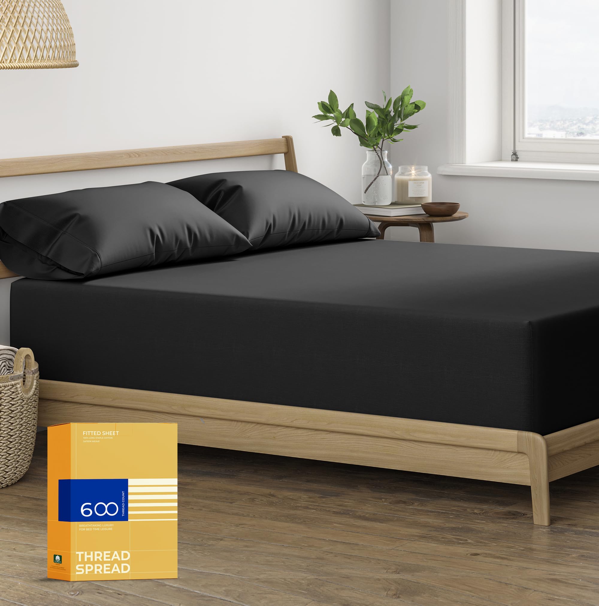 Thread Spread Twin Xl Fitted Sheet Only - 100% Egyptian Cotton 600 Thread Count 16' Deep Pocket Fitted Sheet Twin Xl, Soft Cooling Sateen Weave Bottom Sheet, Fits College Dorm Mattress, Teens - Black