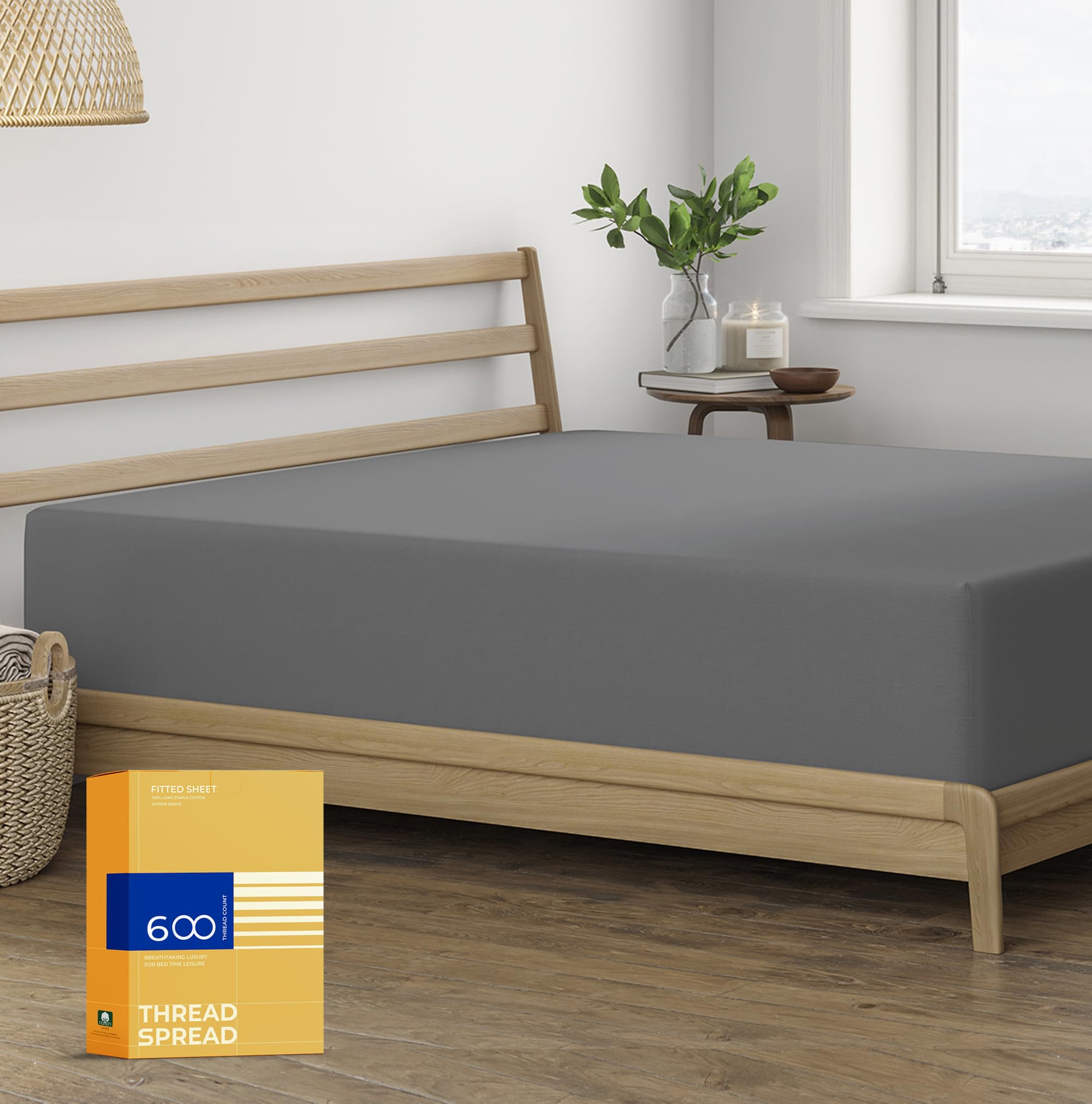 Thread Spread 100% Egyptian Cotton Fitted Sheet Twin Size - 600 Thread Count 16' Deep Pocket Twin Fitted Sheet Only, Cooling Sa