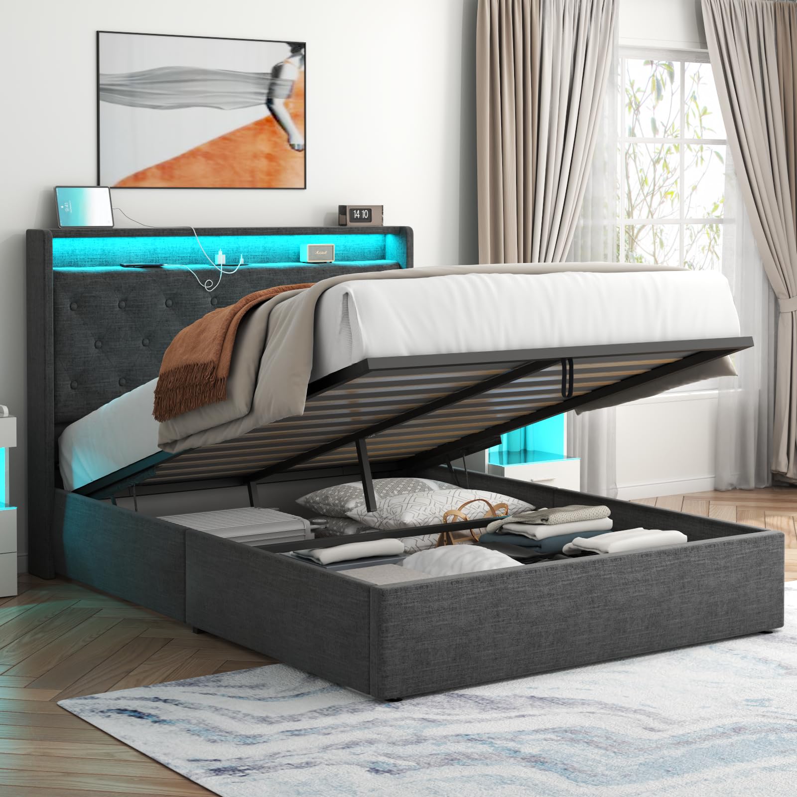 Loomie Full Lift Up Bed Frame with Charging Station & LED Lights, Upholstered Bed with Button Tufted Wingback Storage Headboard,