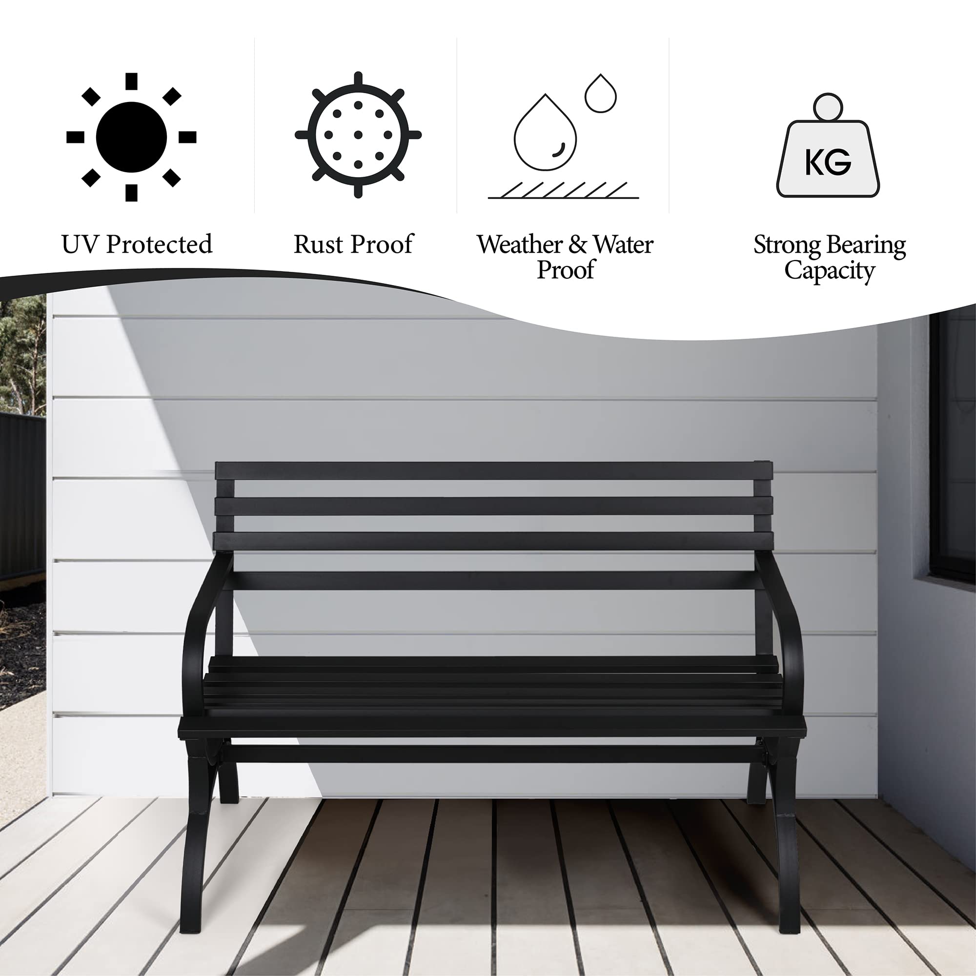 Phi Villa Outdoor Garden Bench, 48” Long Metal Steel Bench With Backrest And Armrests, Modern Slatted Design For Patio, Lawn, Yard, Porch - Black
