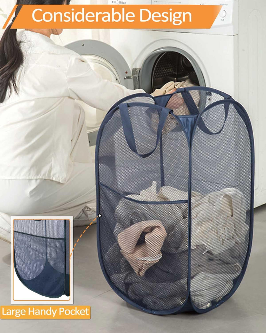 Bemkoo Navy Blue Durable Foldable Laundry Hamper, 22.8 X 14.2 X 14.2 Inches