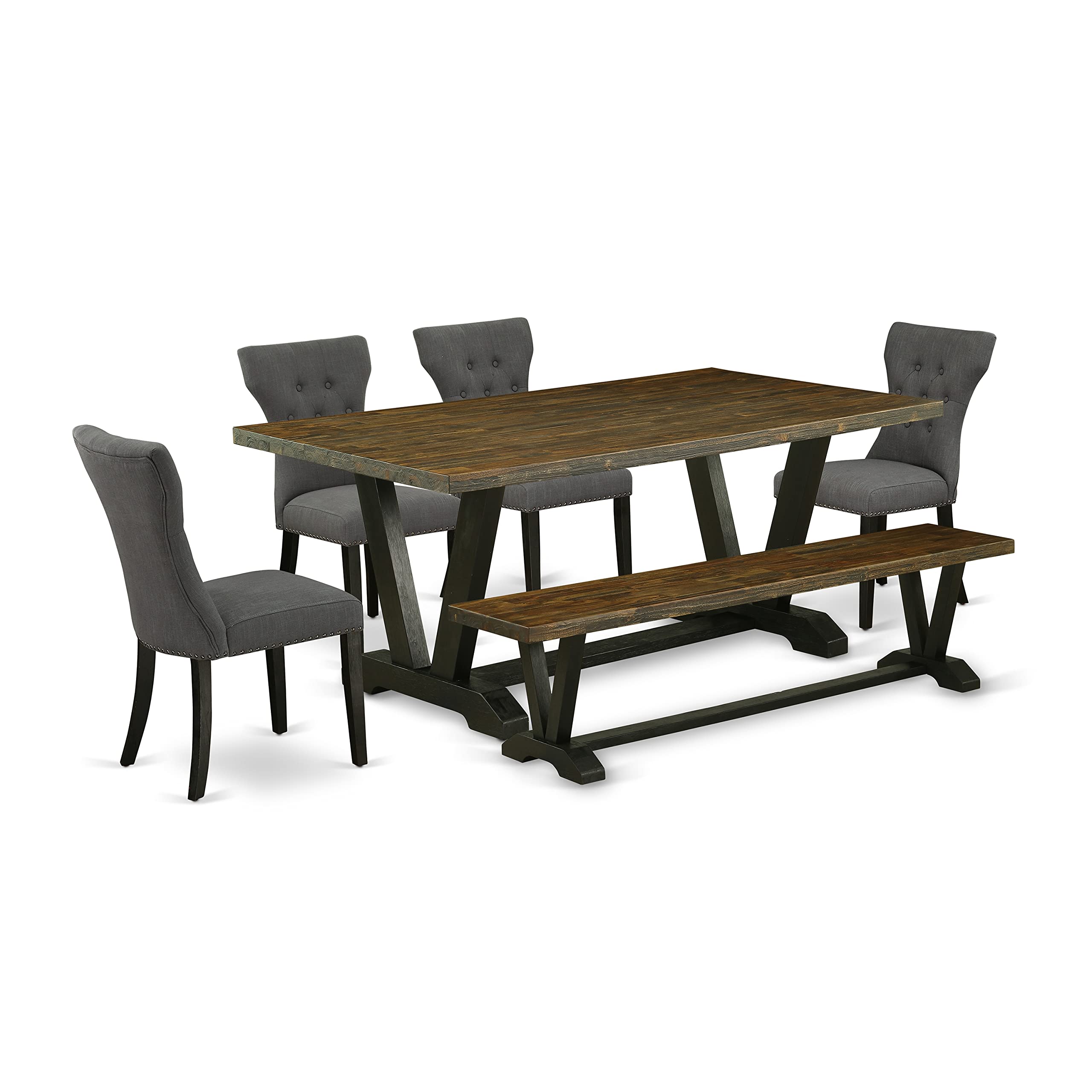 East West Furniture V677Ga650-6 6 Piece Dinette Set Contains A Rectangle Dining Table With V-Legs And 4 Dark Gotham Linen Fabric Parson Chairs With A Bench, 40X72 Inch