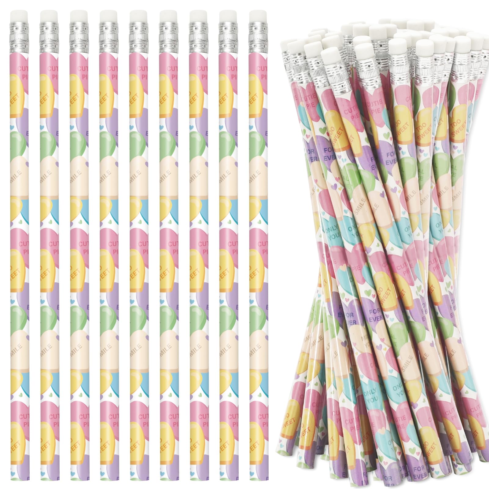 Whaline 36Pcs Valentine'S Day Pencils With Erasers Conversation Heart Pencil Candy Color Love Heart Wood Pencils For Valentine'S