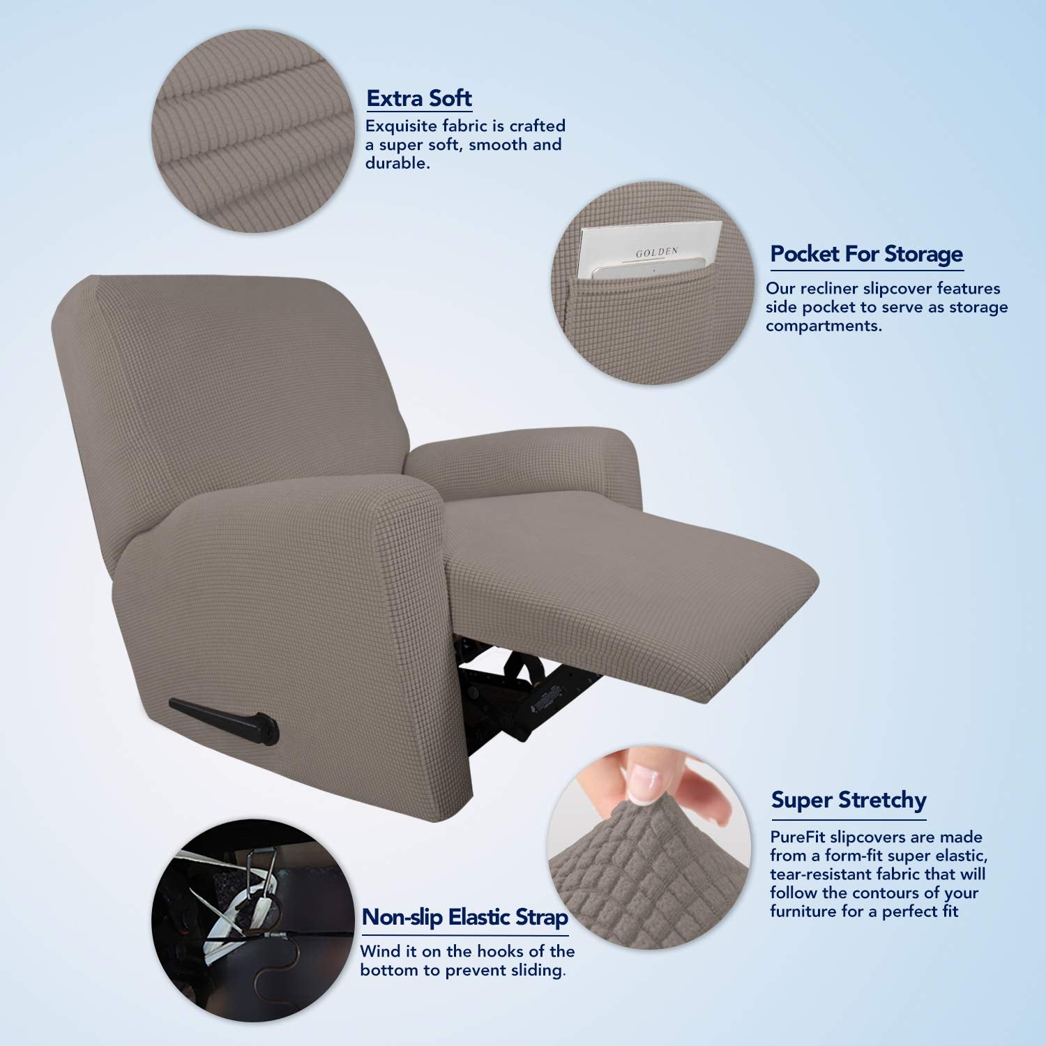 Purefit Stretch Recliner Sofa Slipcover With Pocket – Spandex Jacquard Non Slip Soft Couch Sofa Cover, Washable Furniture Protector With Elastic Bottom For Kids (Recliner, Taupe)