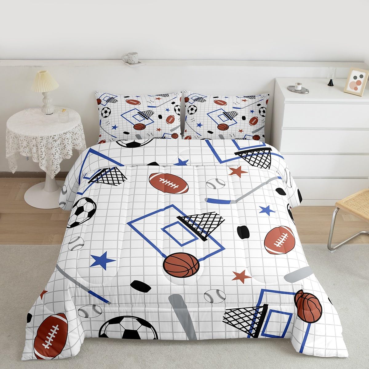Feelyou Ball Sport Comforter Set All Season Basketball Foorball Bedding Set with 2 Pillow Cases White Blue Microfiber Kids Full 