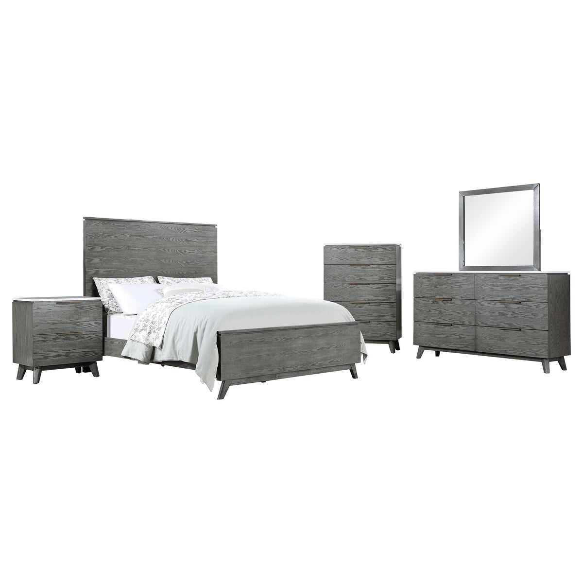 Coaster Home Furnishings Nathan Mid-Century Modern 5-Piece Bedroom Set Upholstered Queen Size Panel Bed Frame 60-Inch Headboard Grey 224601Q-S5