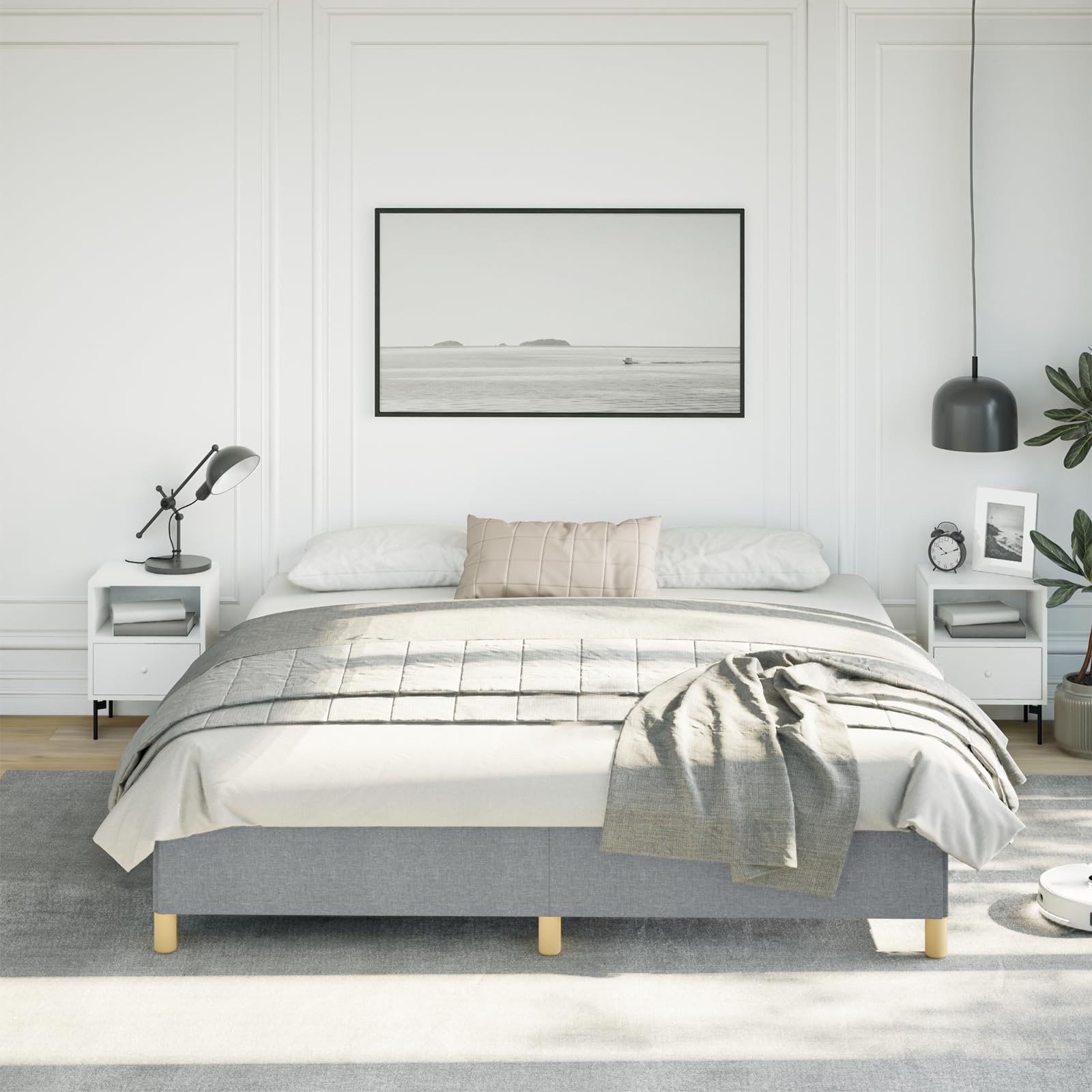 vidaXL King Size Bed Frame with Plywood Slats, Platform Bed Frame, Fabric Upholstered Mattress Foundation, No Box Spring Needed & Easy Assembly, Light Gray, Without Mattress