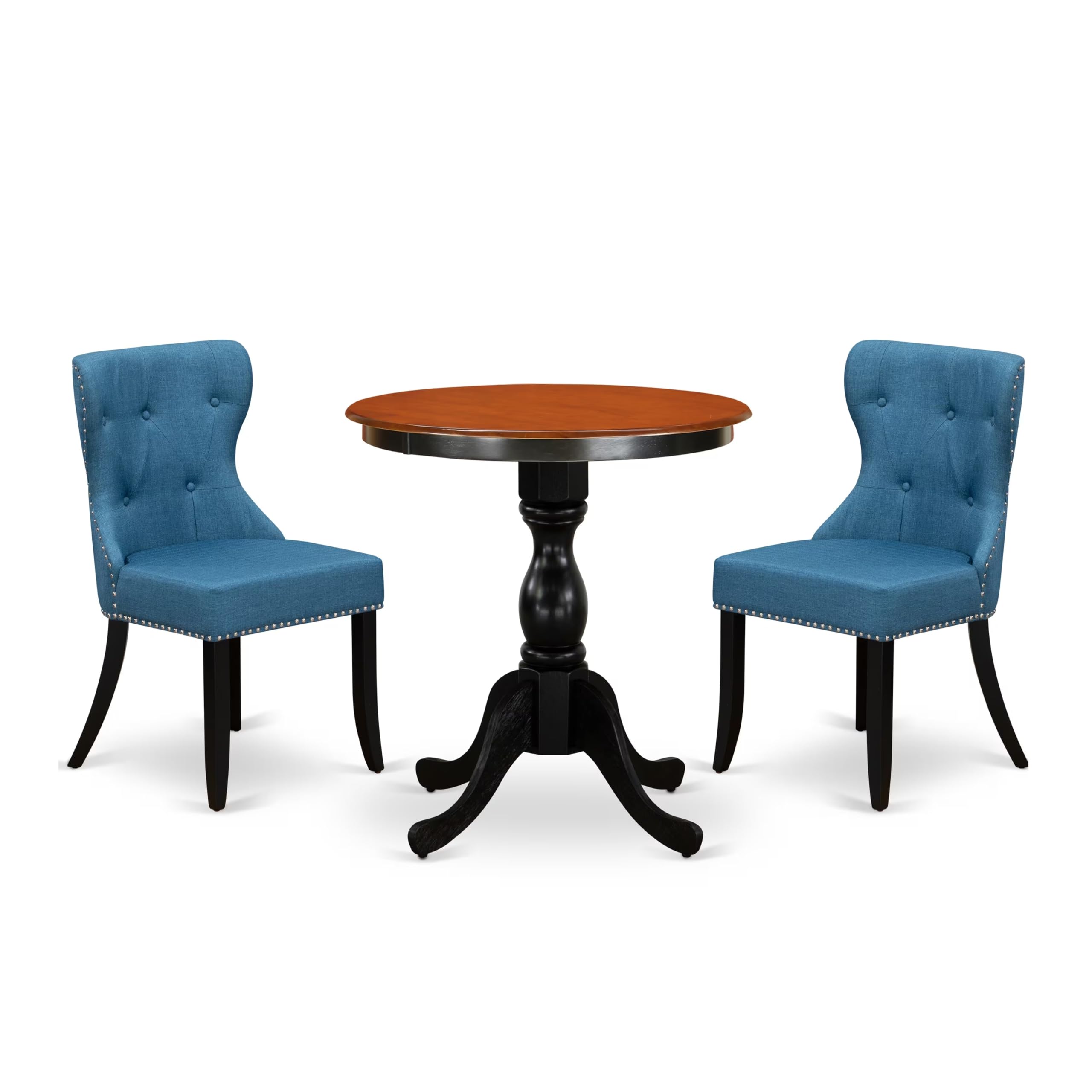 East West Furniture Essi3-Bch-21 3 Piece Dinette Set For Small Spaces Contains A Round Dining Table With Pedestal And 2 Blue Linen Fabric Upholstered Parson Chairs, 30X30 Inch, Black & Cherry