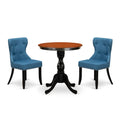 East West Furniture Essi3-Bch-21 3 Piece Dinette Set For Small Spaces Contains A Round Dining Table With Pedestal And 2 Blue Linen Fabric Upholstered Parson Chairs, 30X30 Inch, Black & Cherry