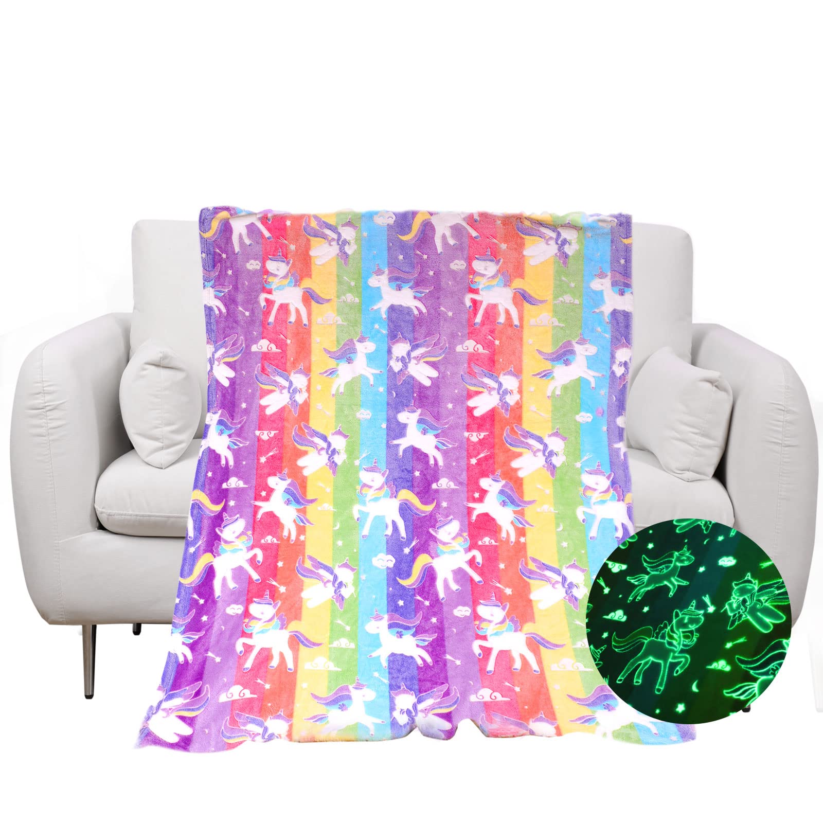 Glow In The Dark Blanket Unicorns Gifts For Girls Birthday Gift Halloween Super Cute Soft Cozy Rainbow Unicorn Star Flannel Lumi