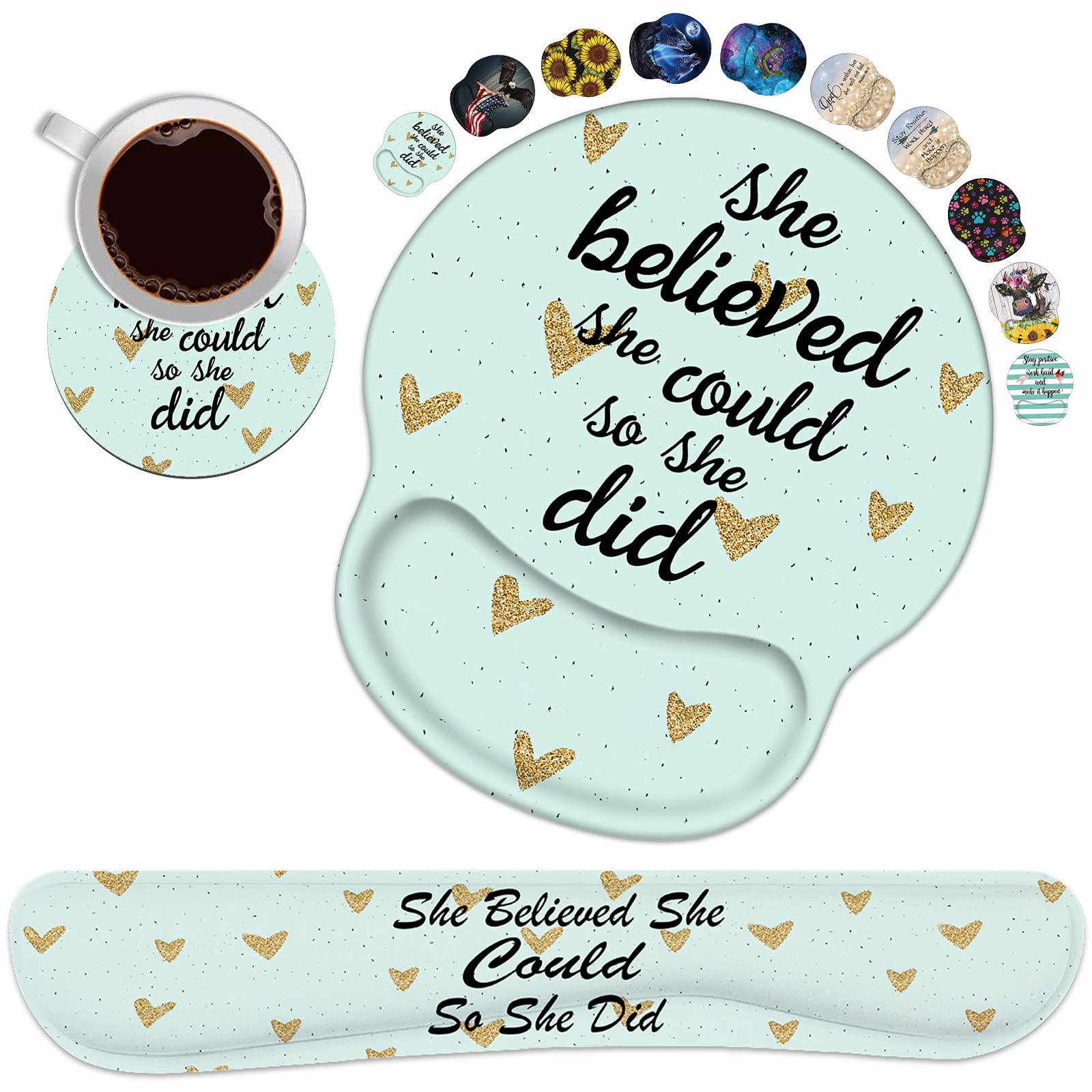 Keyboard Wrist Rest And Mouse Pad Wrist Rest Support Set With Coasters, She Believed She Could So She Did Inspirational Quote Wr
