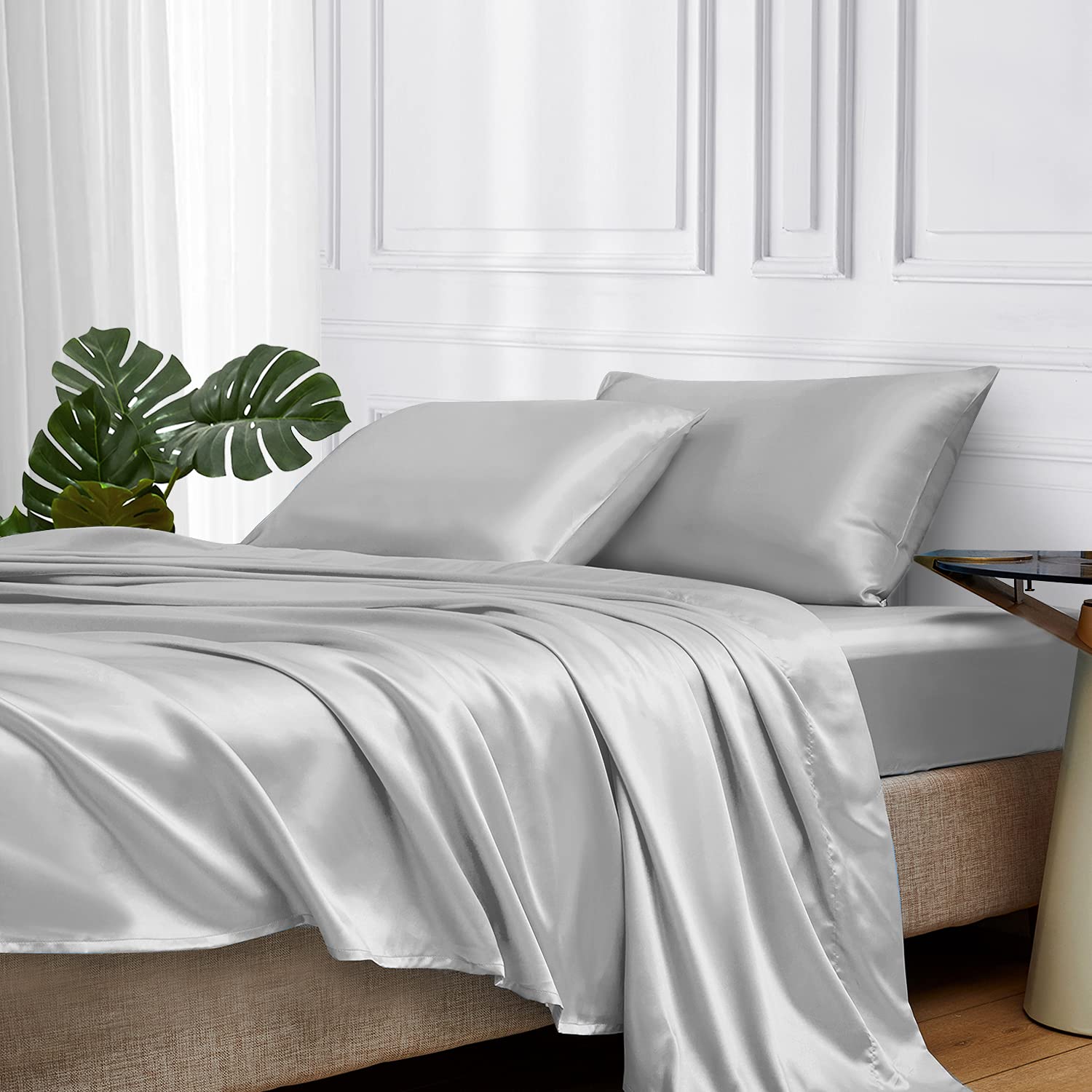 Mr&Hm Satin Bed Sheets, Twin Size Sheets Set, 3 Pcs Silky Bedding Set With 15 Inches Deep Pocket For Mattress (Twin, Silver Grey