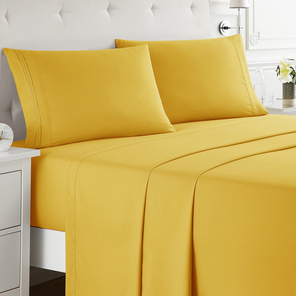 Nestl Rv Short Queen Sheets Set - 4 Piece Bed Sheets For Rv Queen Size Bed, Double Brushed Rv Size Sheets, Hotel Luxury Yellow S