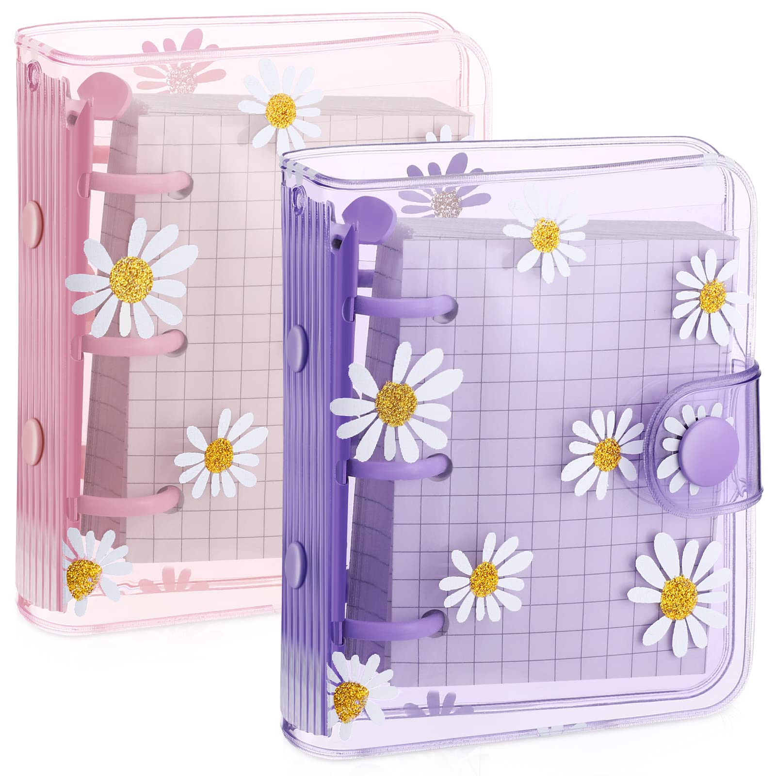 2 Sets Mini Transparent 3 Ring Binder Covers With Inner Paper Mini Binder Daisy Pvc Notebook Loose Leaf Binder 3 Ring Journal No