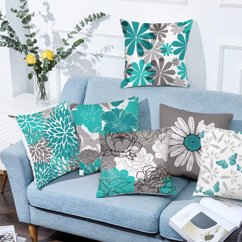 Comminy Teal Grey Pillow Covers 16X16 Set Of 6 Decorative Daisy Flower Throw Pillow Cover For Couch Modern Turquoise Pillow Case