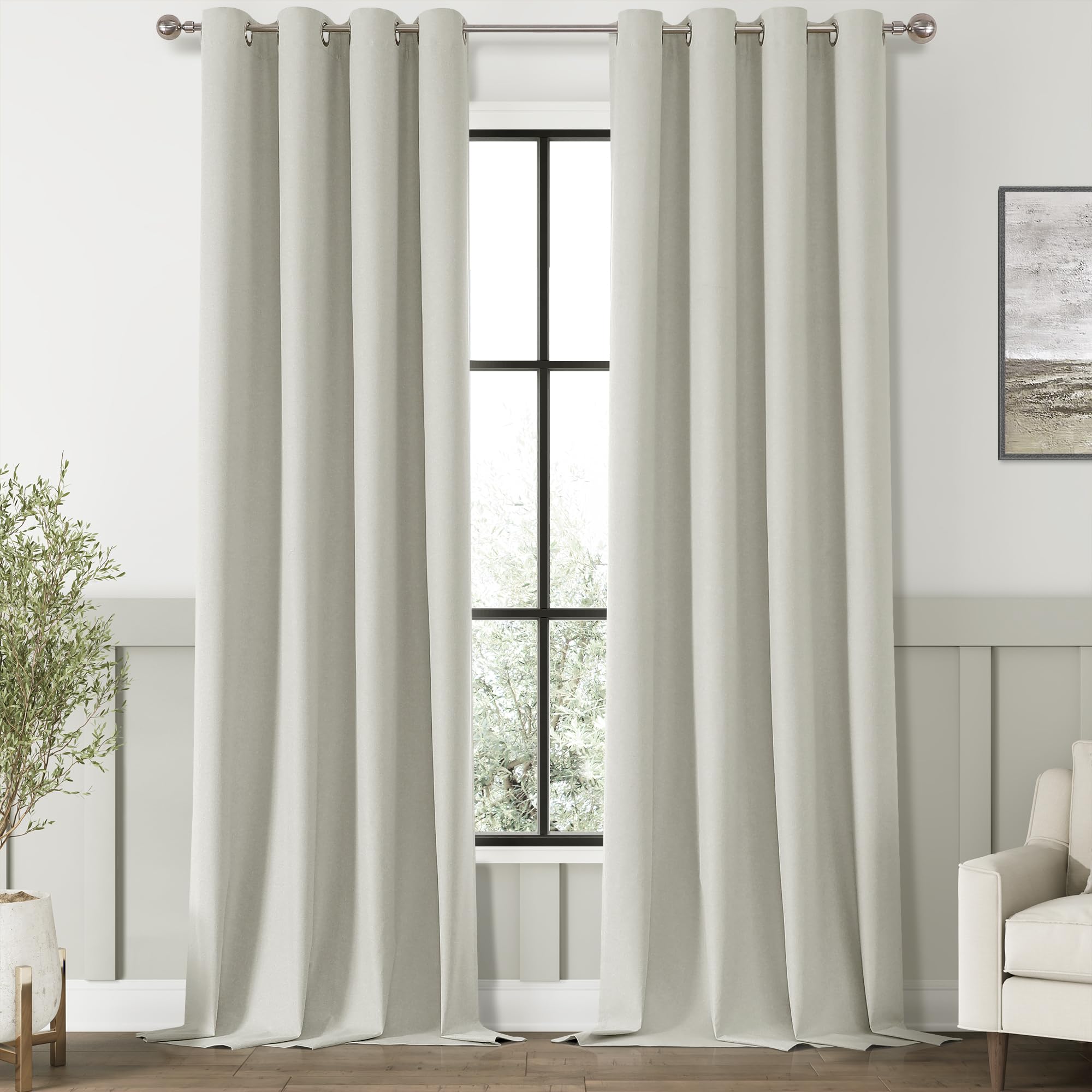 Linen Blackout Curtains 96 Inches Long 2 Panels Set For Living Room Bedroom Grommet Thermal Insulated 100% Black Out Greyish Bei