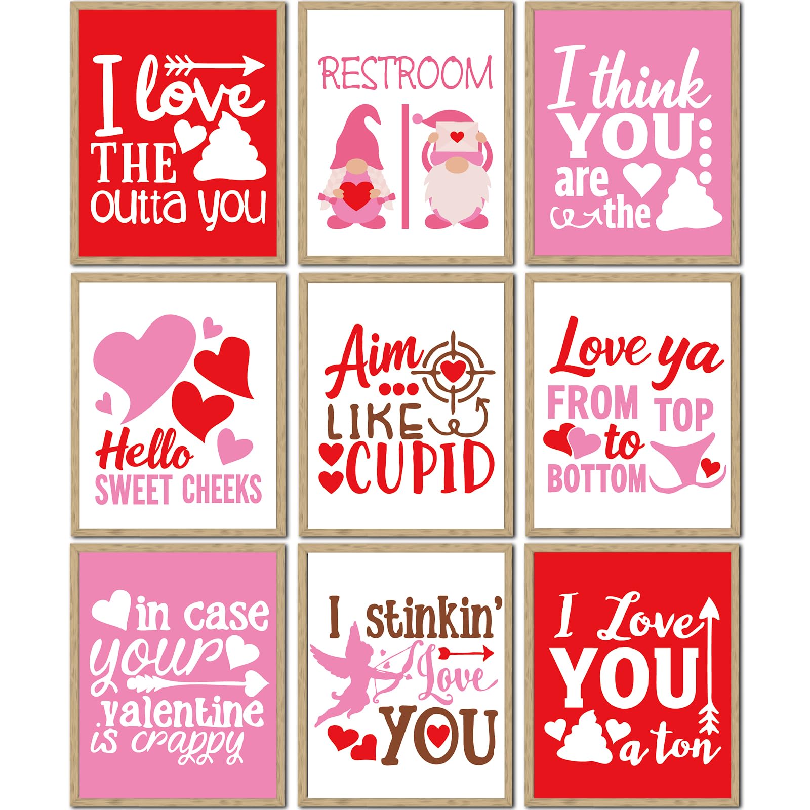 JarThenaAMCS 9Pcs Valentine s Day Wall Art Prints Bathroom Funny Wall Arts Decor Red Pink Heart Gnome Art Posters for Home Rest