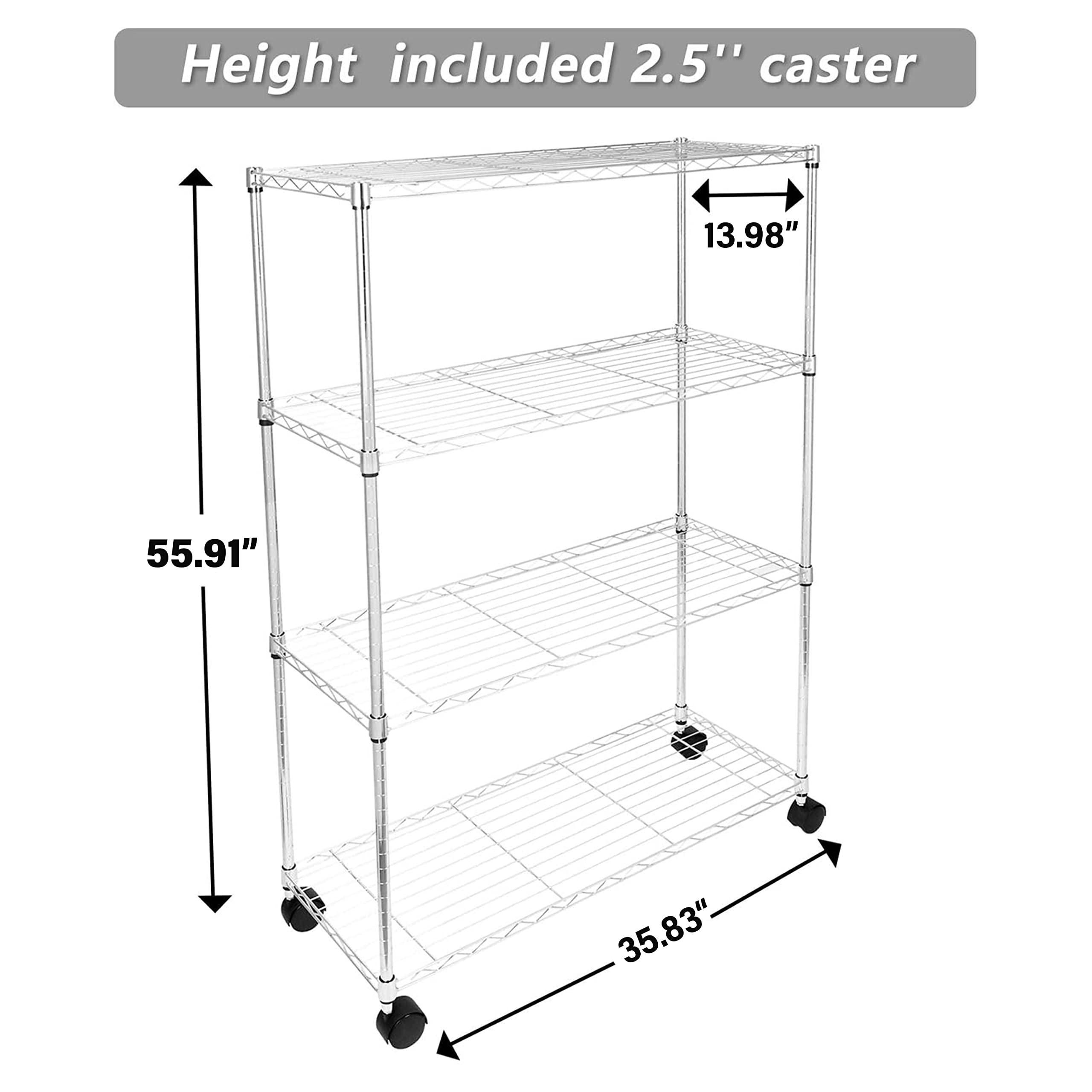 Yssoa Simple Deluxe Heavy Duty 4-Shelf Storage Shelving Unit, 35.83D X 13.98W X 55.91H Steel Organizer Wire Rack With 1000Lb Capacity, Chrome, 2 Pack