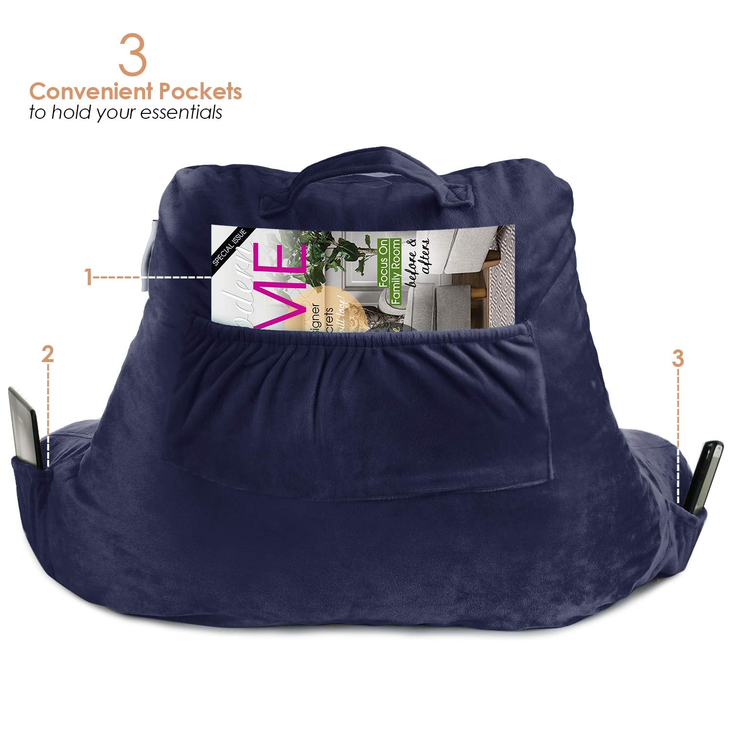 Nestl Reading Pillow Standard Bed Pillow, Back Pillow For Sitting In Bed Shredded Memory Foam Chair Pillow, Reading & Bed Rest Pillows Navy Blue Back Pillow For Bed, Bed Chair Arm Pillow With Pockets