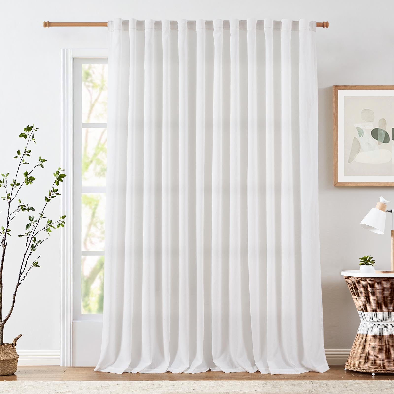 Jinchan Linen Blend White Curtain 96 Inch Length For Living Room Extra Wide For Room Divider Rustic Farmhouse Drape Rod Pocket Back Tab Light Filtering Bedroom Window Curtain 1 Panel Off White