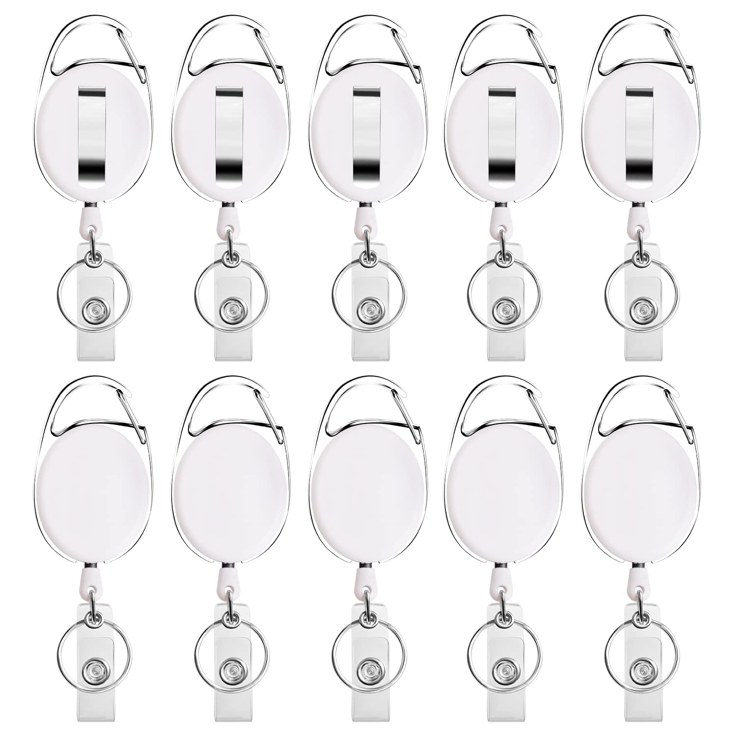 Retractable Badge Holder With Carabiner Reel Clip And Key Ring For Id Card Key Keychain Holders White 10 Pieces