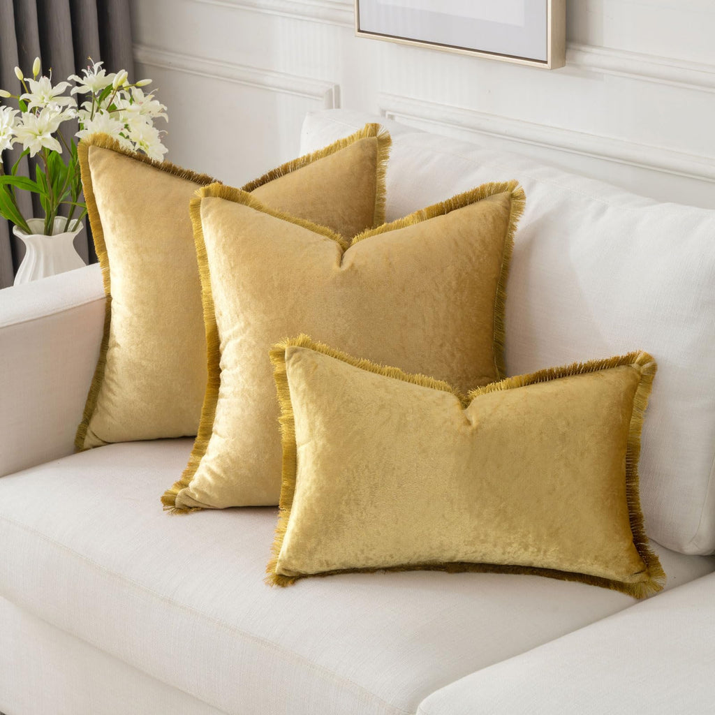 Futei Gold Boho Throw Pillow Covers With Tassels 16X16 Inch Set Of 2,Soft Velvet Decorative Cushion Case,Home Decor For Couch Be