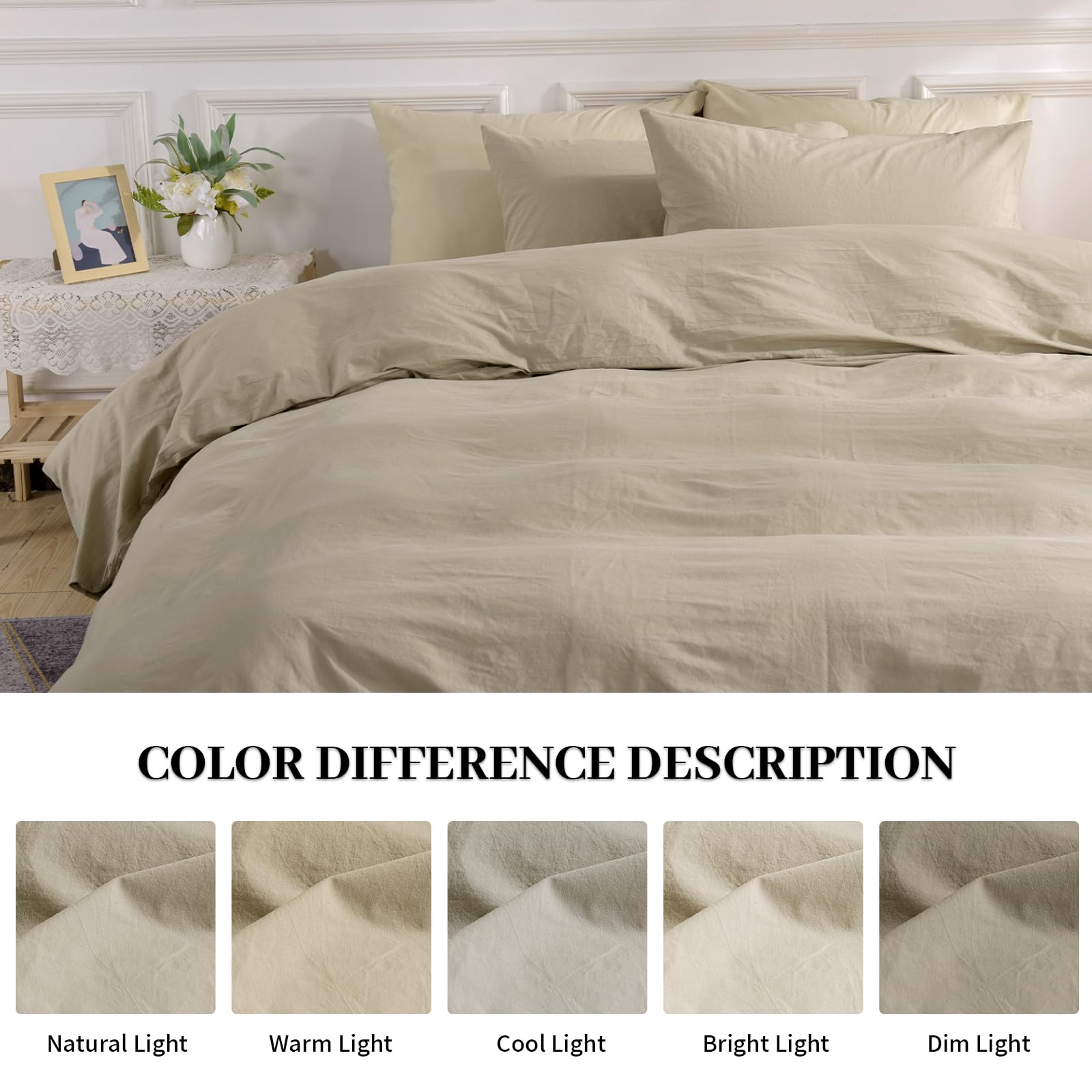 Nexhome Pro Duvet Cover Set 100% Washed Cotton Oversized King 120'X98' Linen Feel Textured Organic Natural 3 Pieces Bedding Set With Zipper Closure And Corner Ties, Breathable Soft (No Comforter)