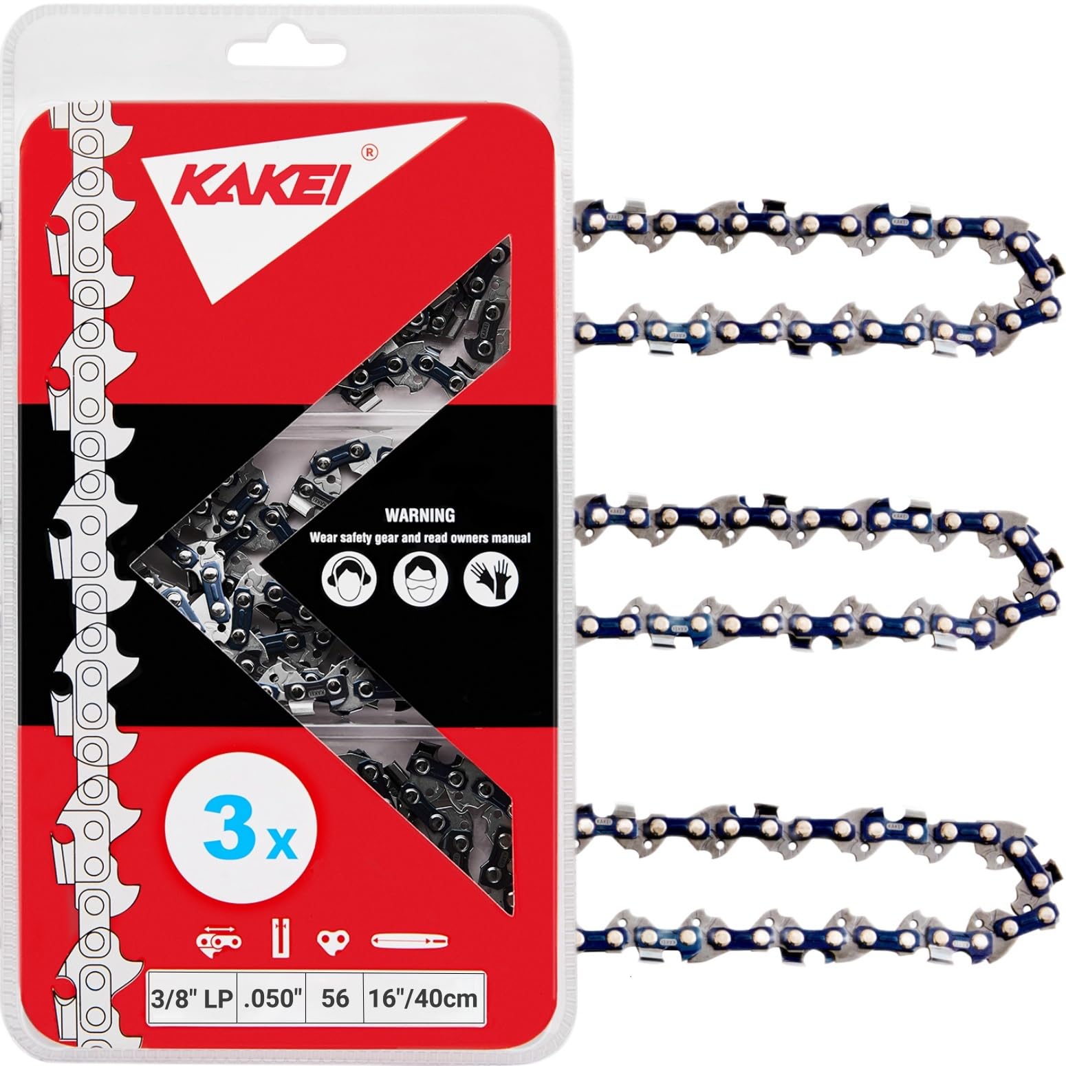 Kakei 16 Inch Chainsaw Chain 3/8' Lp Pitch, .050' Gauge, 56 Drive Links Fits Craftsman, Poulan, Ryobi, Echo, Greenworks And Mo
