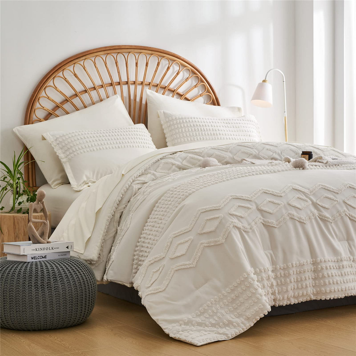 Kakijumn White Tufted Comforter Set King Size 7 Piece Bed In A Bag, Shabby Chic Boho Comforter And Sheet Set, Pom Pom Textured B