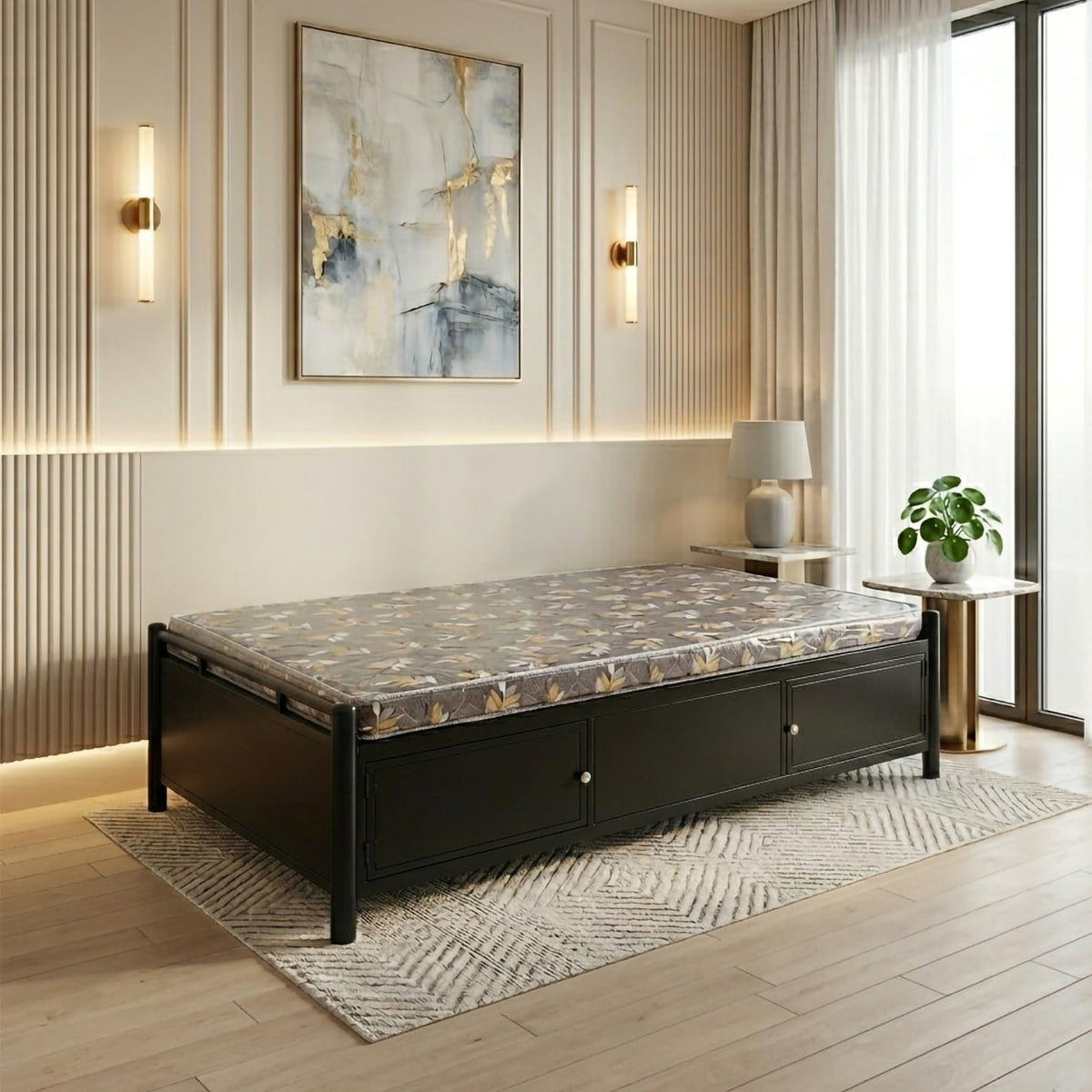 Hamza Tech Metal Divan Bed with Hydraulic Storage | Powder Coated Iron Frame Single Bed for Bedroom & Living Room | Heavy Duty w