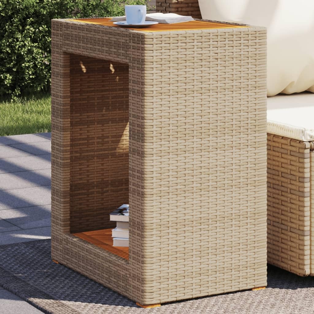 vidaXL Patio Side Table - Beige 23.6"x15.7"x29.5" - Durable Poly Rattan & Acacia Wood Top - Outdoor/Garden/Backyard Furniture