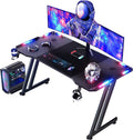 Hldirect 47 Inch Gaming Desk With Led Lights Carbon Fibre Surface Gaming Table Large Computer Desk Ergonomic Home Office Desks Z Shaped Pc Gamer Workstations With Cup Holder & Headphone Hook Black