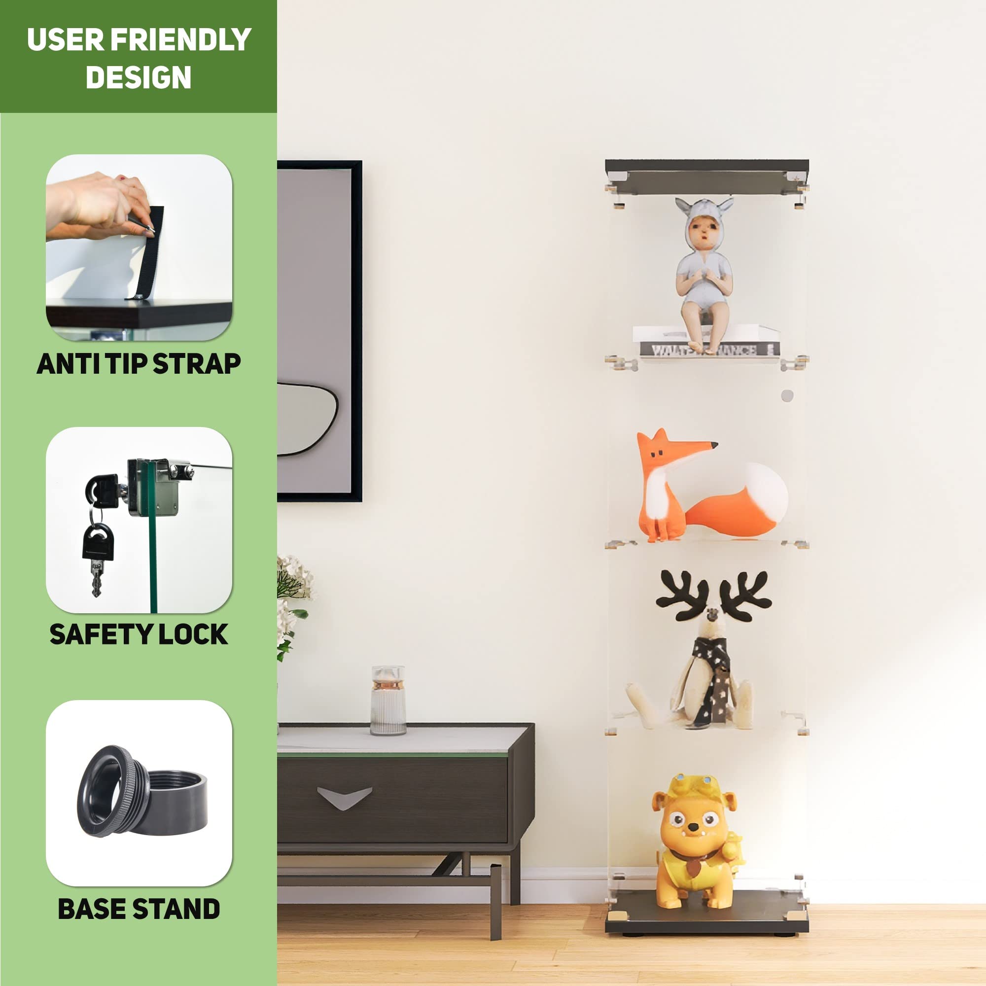 Beauty4U Glass Display Cabinet With 4 Shelves, Curio Cabinets For Living Room, Bedroom, Office, Black Floor Standing Glass Bookshelf, Quick Installation