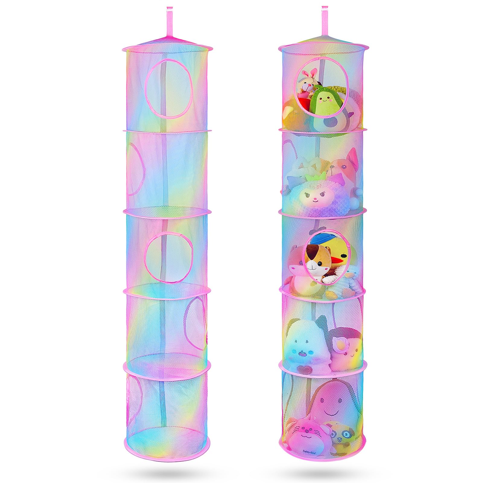 Basumee Stuffed Animals Net Or Hammock 2 Pcs Stuffed Animals Storage Toy Net Hammock For Stuffed Animals Organizer Mesh Hammock Kids Girls Room Decor, Rainbow, 5 Tiers
