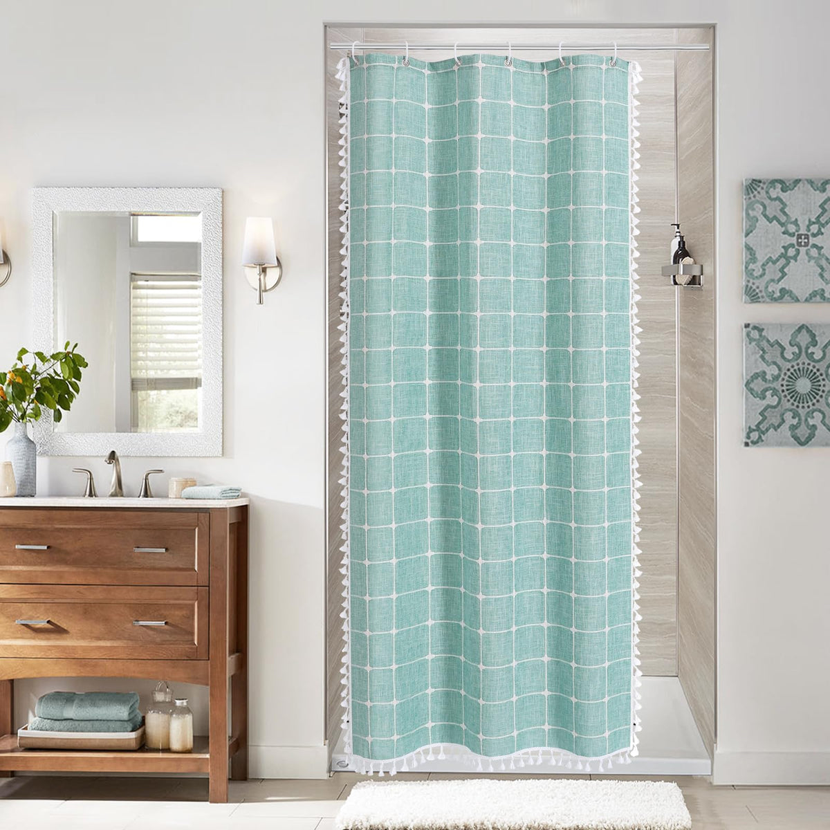 MitoVilla Teal Blue 36 x 72 Boho Small Stall Shower Curtain, Turquoise Narrow Cotton Linen Fabric Shower Curtains for Farmhouse 