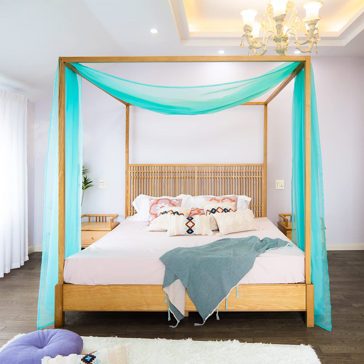 Linentalks Turquoise Canopy Bed Curtains For King & California King Bed, Tiffany Blue Canopy Bed Scarf, Sheer Scarf Valance Cano