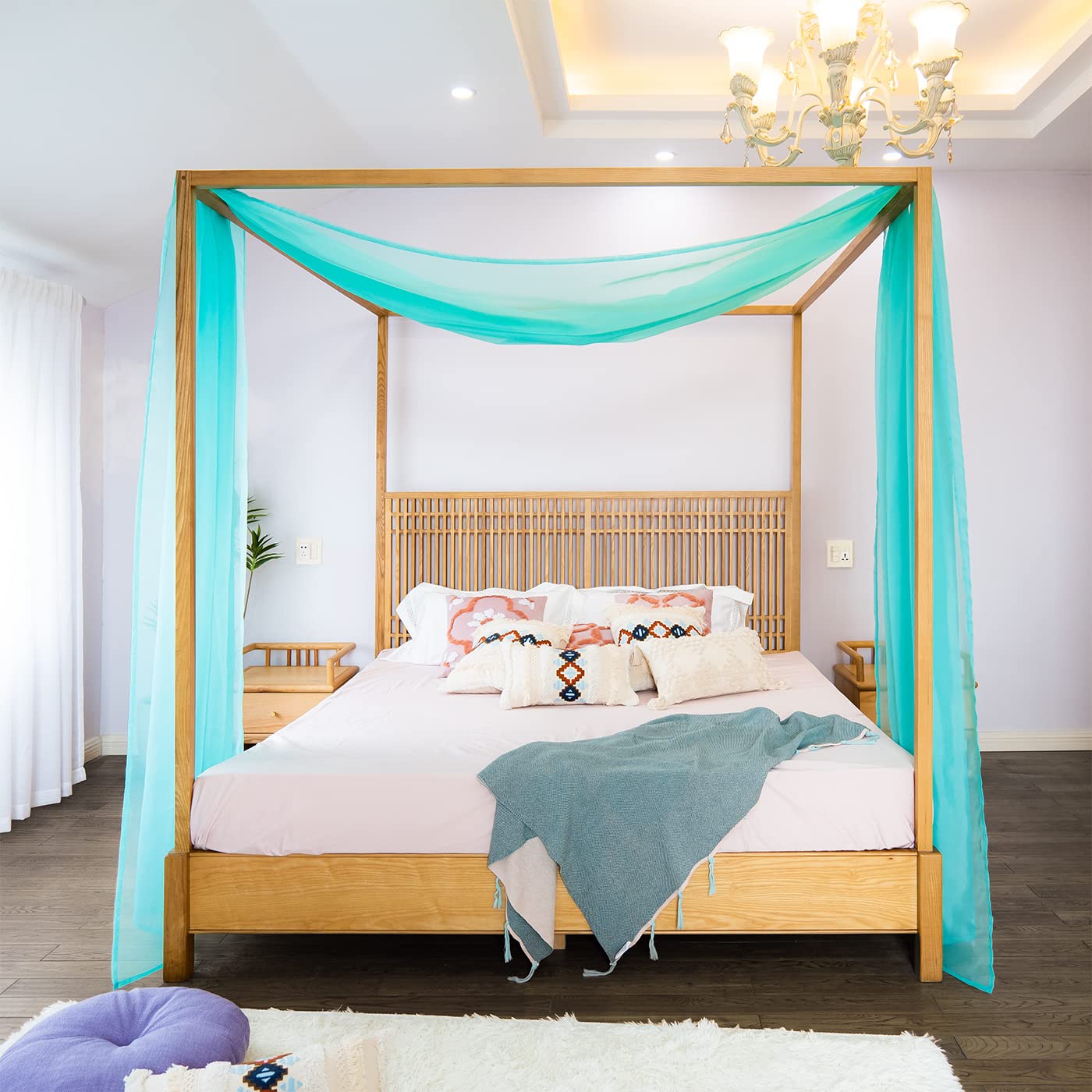 Linentalks Turquoise Canopy Bed Curtains For King & California King Bed, Tiffany Blue Canopy Bed Scarf, Sheer Scarf Valance Cano