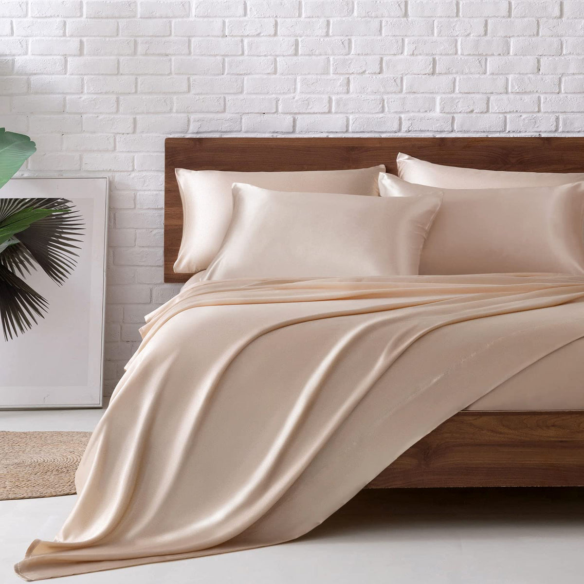 Mr&Hm Satin Bed Sheets, Full Size Sheets Set, 6 Pcs Silky Bedding Set With 15 Inches Deep Pocket For Mattress(Full, Champagne)