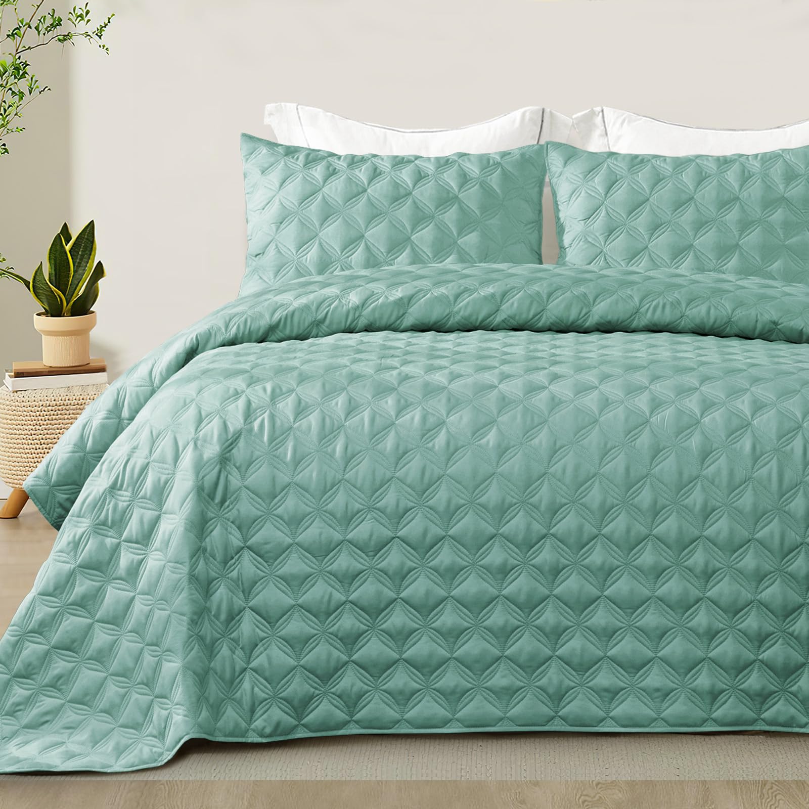 Exclusivo Mezcla Full Queen Quilt Set, 3 Pieces Lightweight Quilts Soft Quilted Bedspreads Teal Green Coverlets Bedding Set For