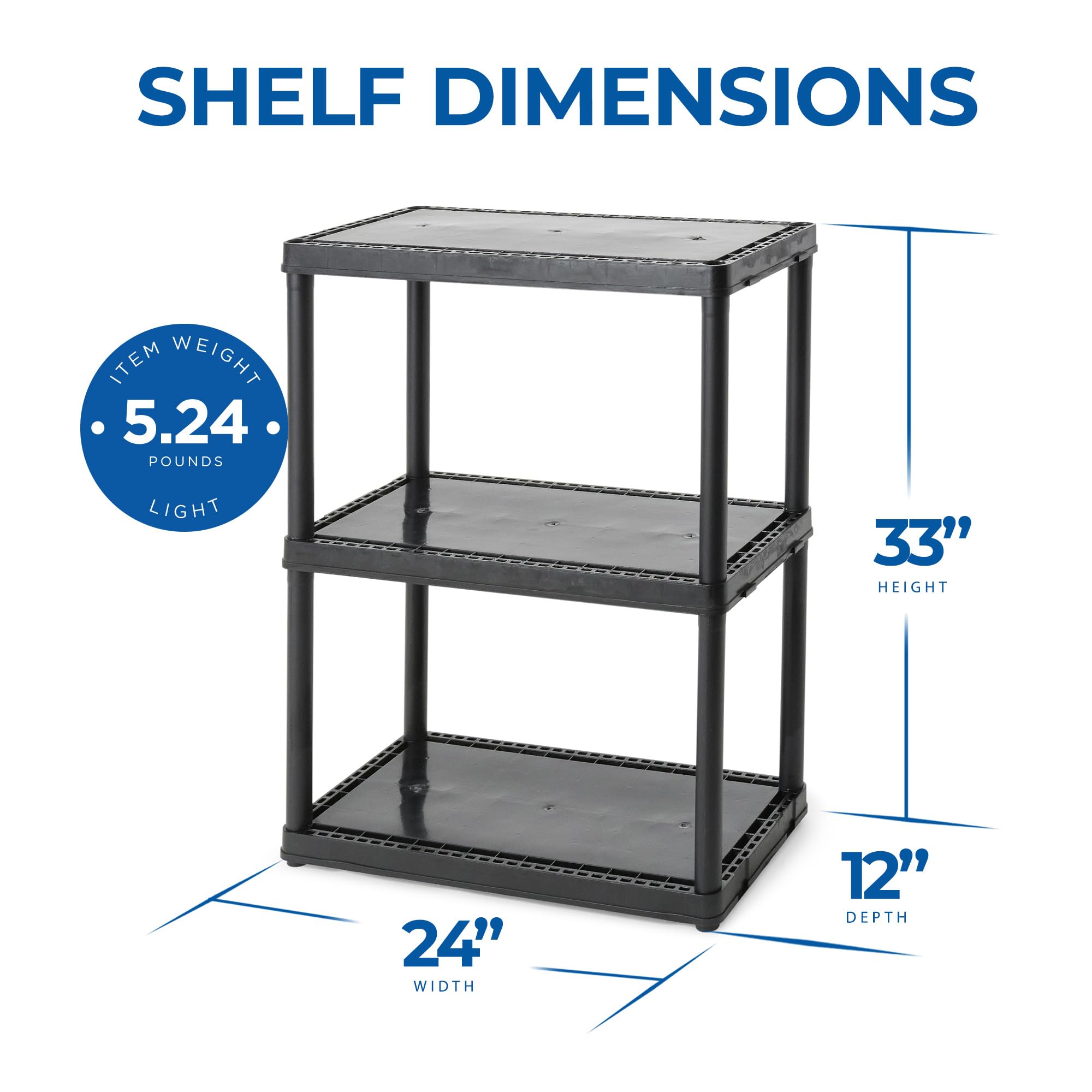 Gracious Living 3 Shelf Fixed Height Light Duty Storage Unit 12 X 24 X 33 Organizer System For Home, Garage, Basement, & Laundry, Black (3 Pack)
