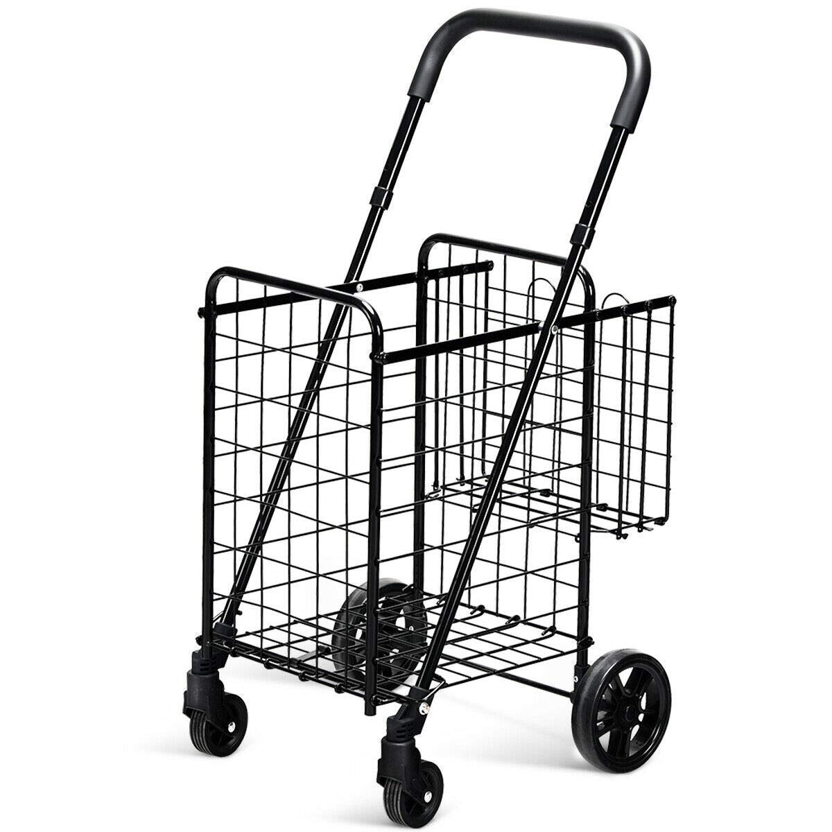 Goplus Folding Shopping Utility Cart, Double Basket And 360° Swivel Wheels, Adjustable Handle, Small Cart Perfect For Grocery Laundry Book Luggage Travel