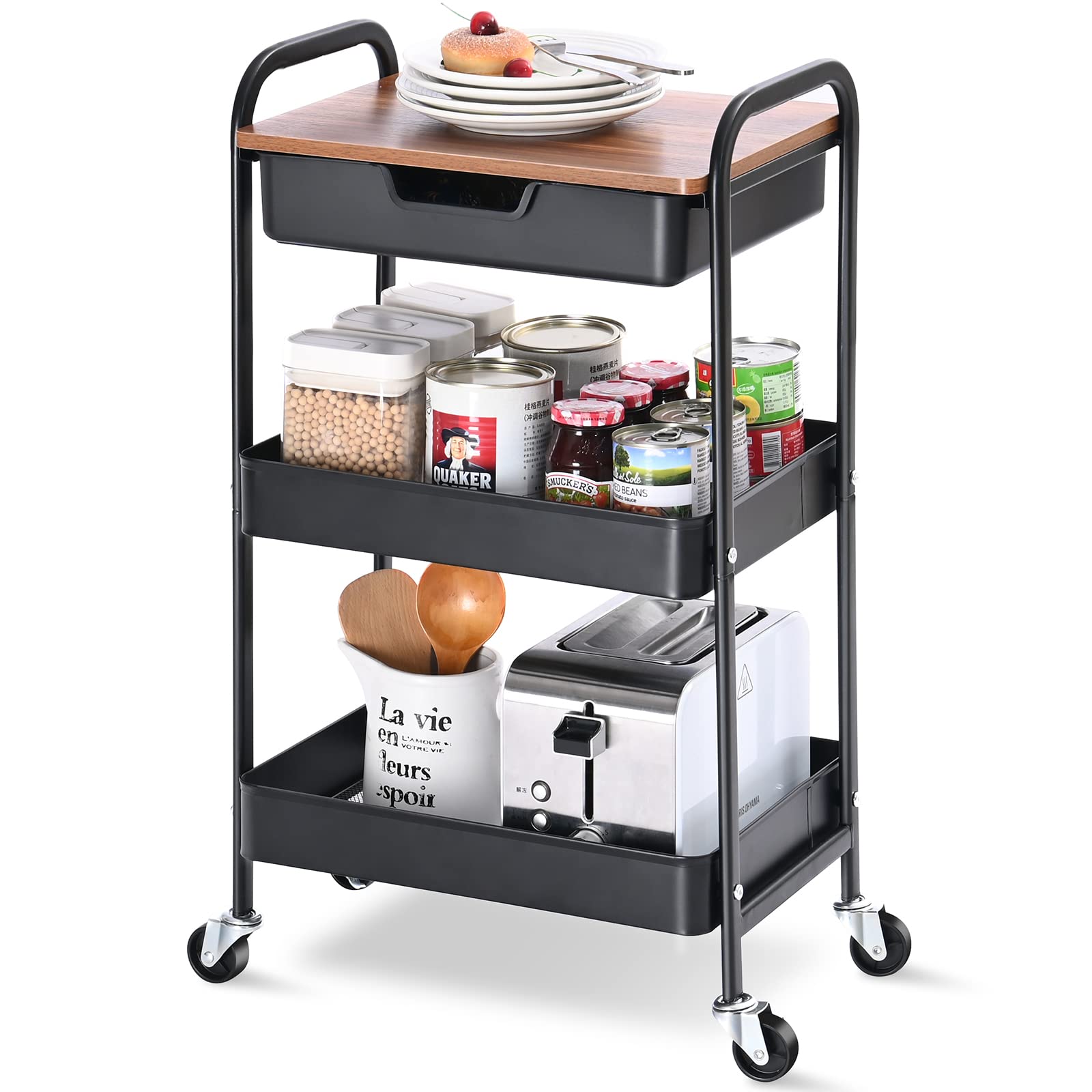 Toolf 3-Tier Utility Rolling Cart With Wooden Board And Drawer, Metal Storage Cart With Handle, Black Trolley Kitchen Organizer Rolling Desk With Locking Wheels For Office, Classroom, Home, Bedroom
