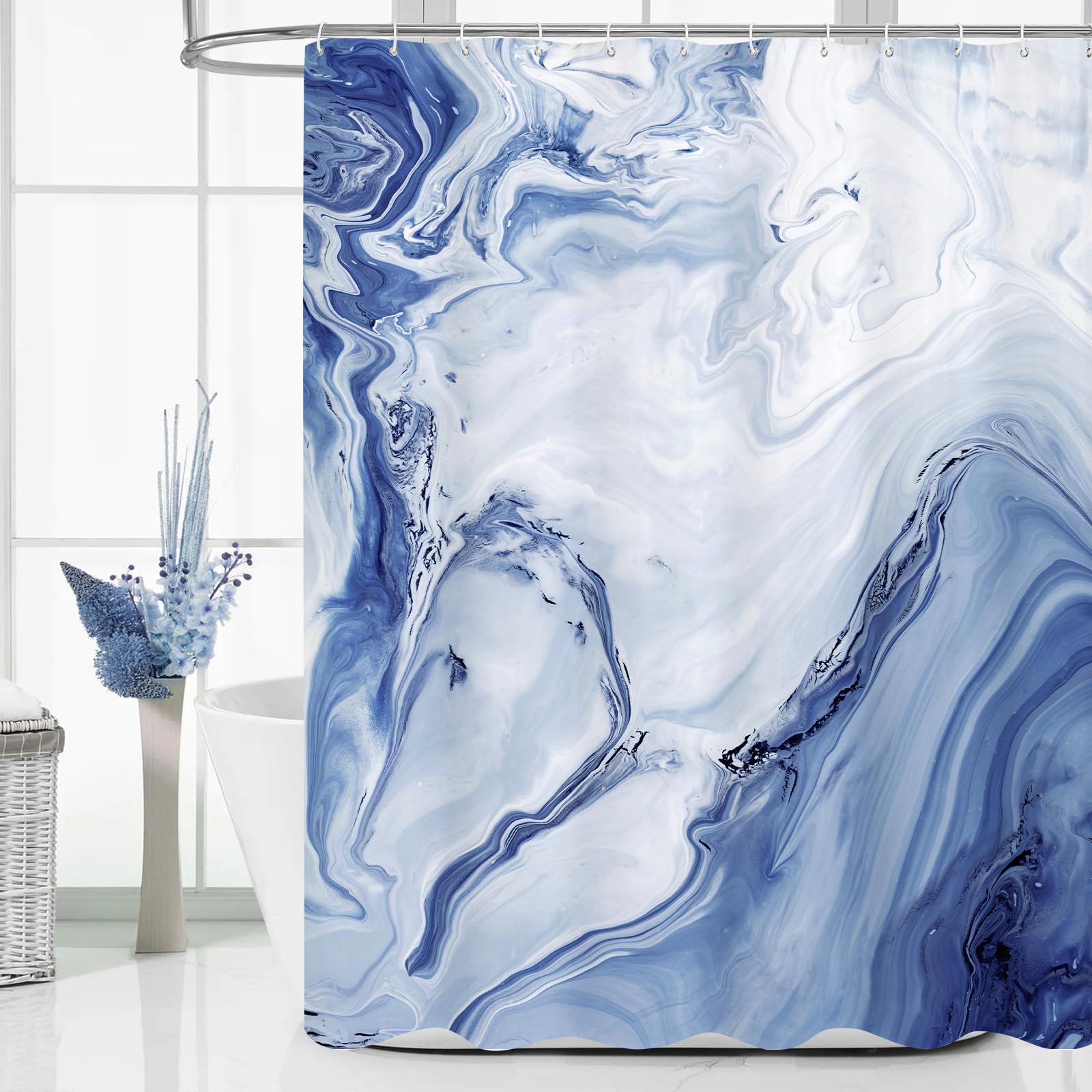 MitoVilla Blue Marble Shower Curtain, Modern Ombre Fabric Cloth Shower Curtains for Luxury Bathroom Decor, Abstract Watercolor S