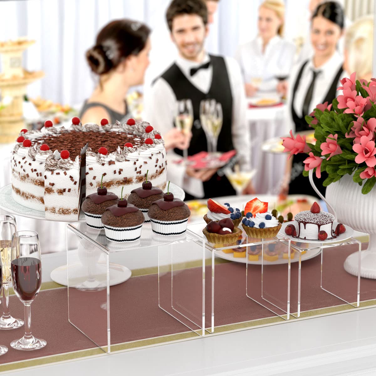 Hiimiei Clear Acrylic Display Risers 2 Sets, 3-Tier Risers Stands Showcase For Amiibo Funko Pop Figures, Dessert, Jewelry-5''X6'