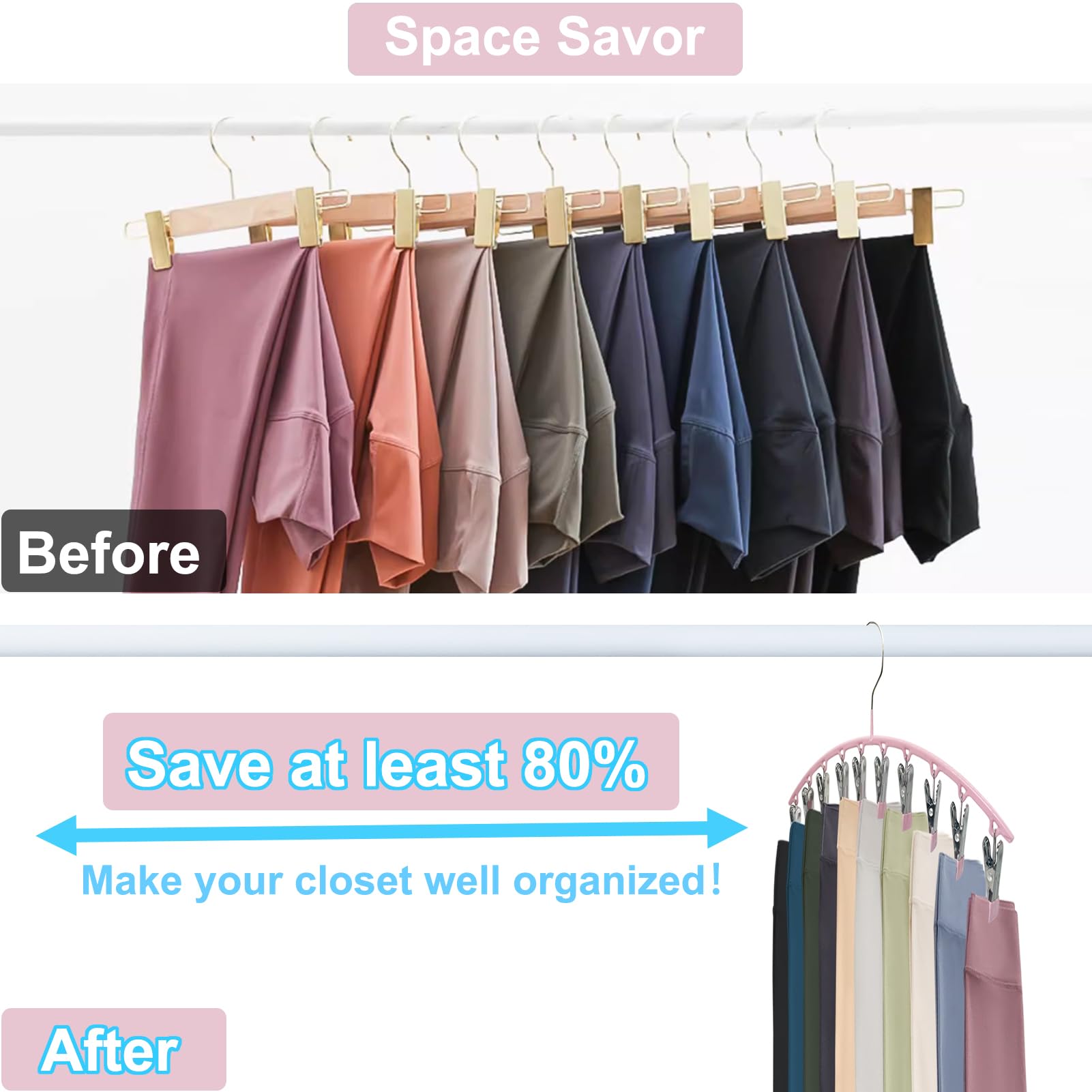 Legging Organizer Closet Organizers And Storage, Pants Hangers Space Saving With 10 Clips, 2 Pack Multi-Function Clothes Hangers