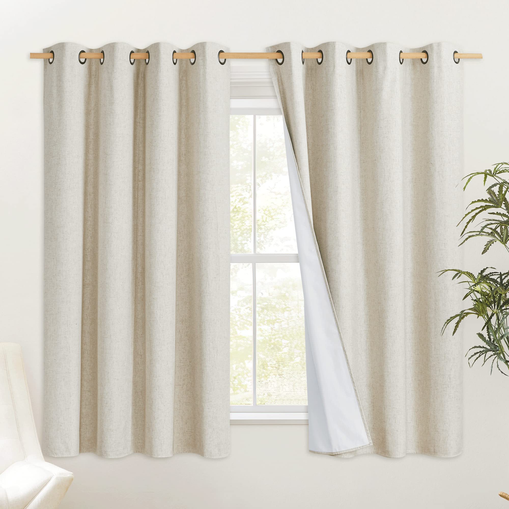 NICETOWN Natural 100% Blackout Short Curtains 63 inches Lenghth Burg for Kitchen, 2 Panels, Burlap Linen Drapes with Thermal Ins