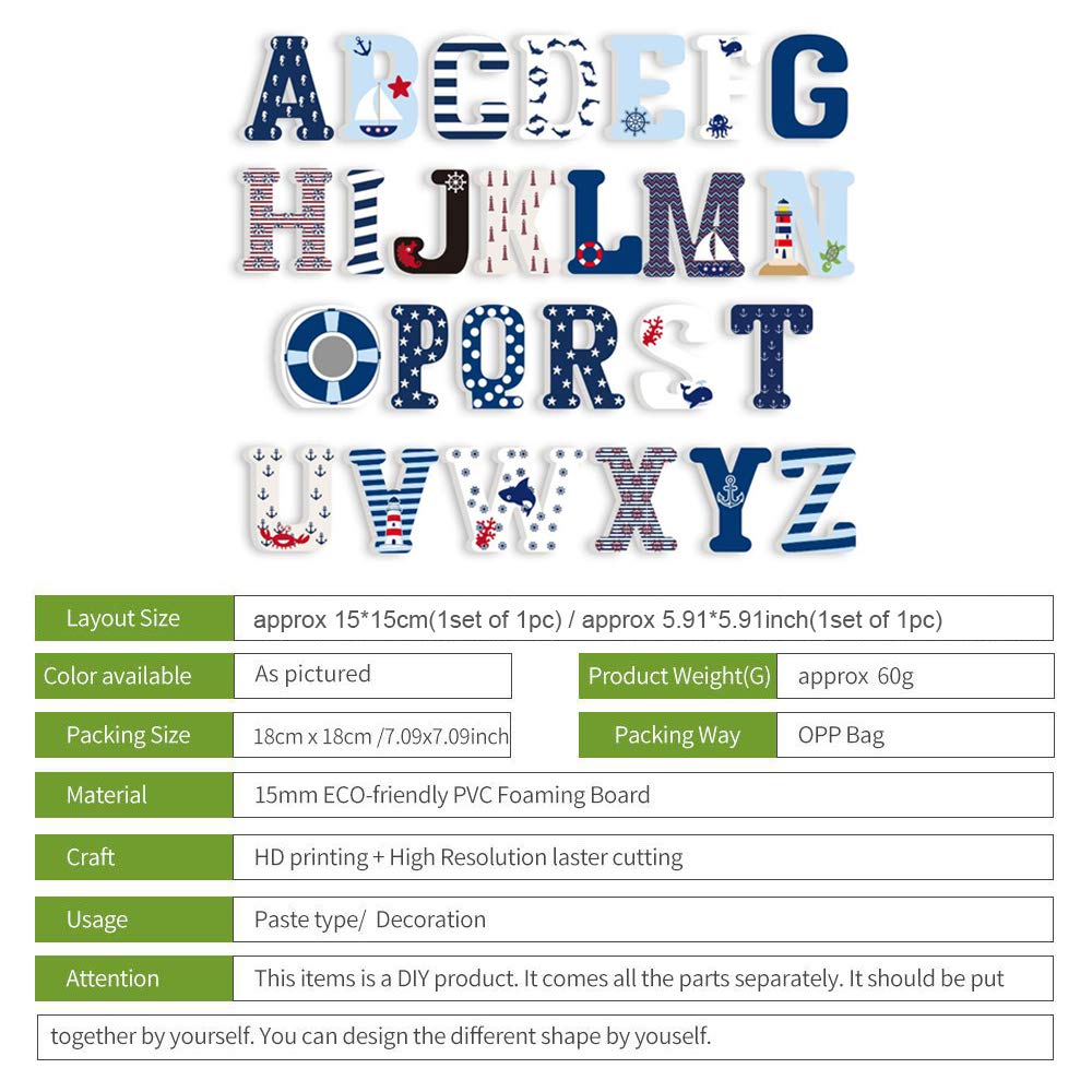 5.9'' High Diy English Letters Cartoon Marine Sailor Alphabet Decorative Wood Letters For Children Baby Name Girls Bedroom Weddi