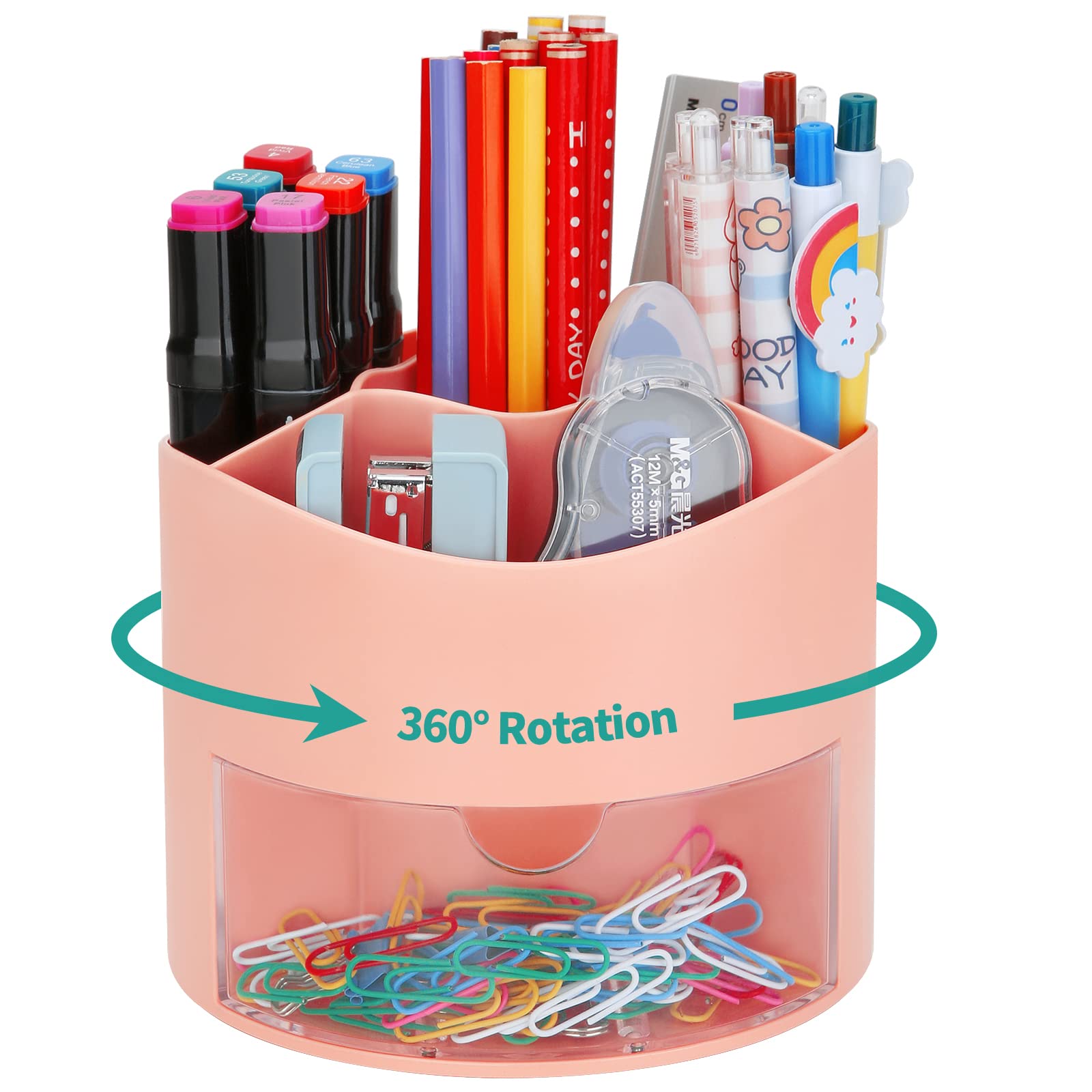 Leture 360-Degree Rotating Pen Pencil Holder, Desk Organizer Office Supplies With Drawer,Desktop Stationary Organizer Storage Fo