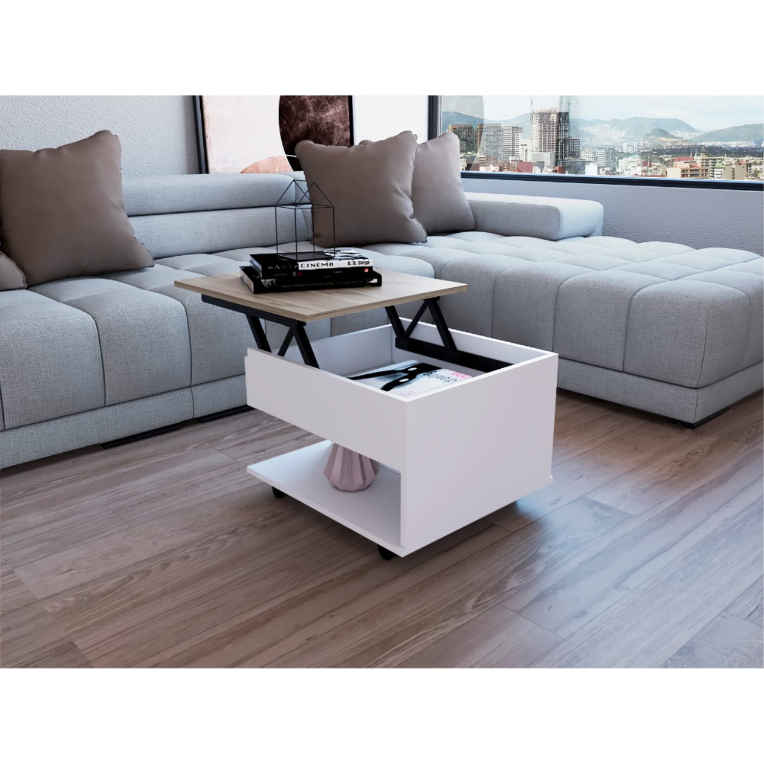 Babel 22-inch Wide Lift Top Coffee Table with Caster Wheels and 1 Shelf, White/Light Oak